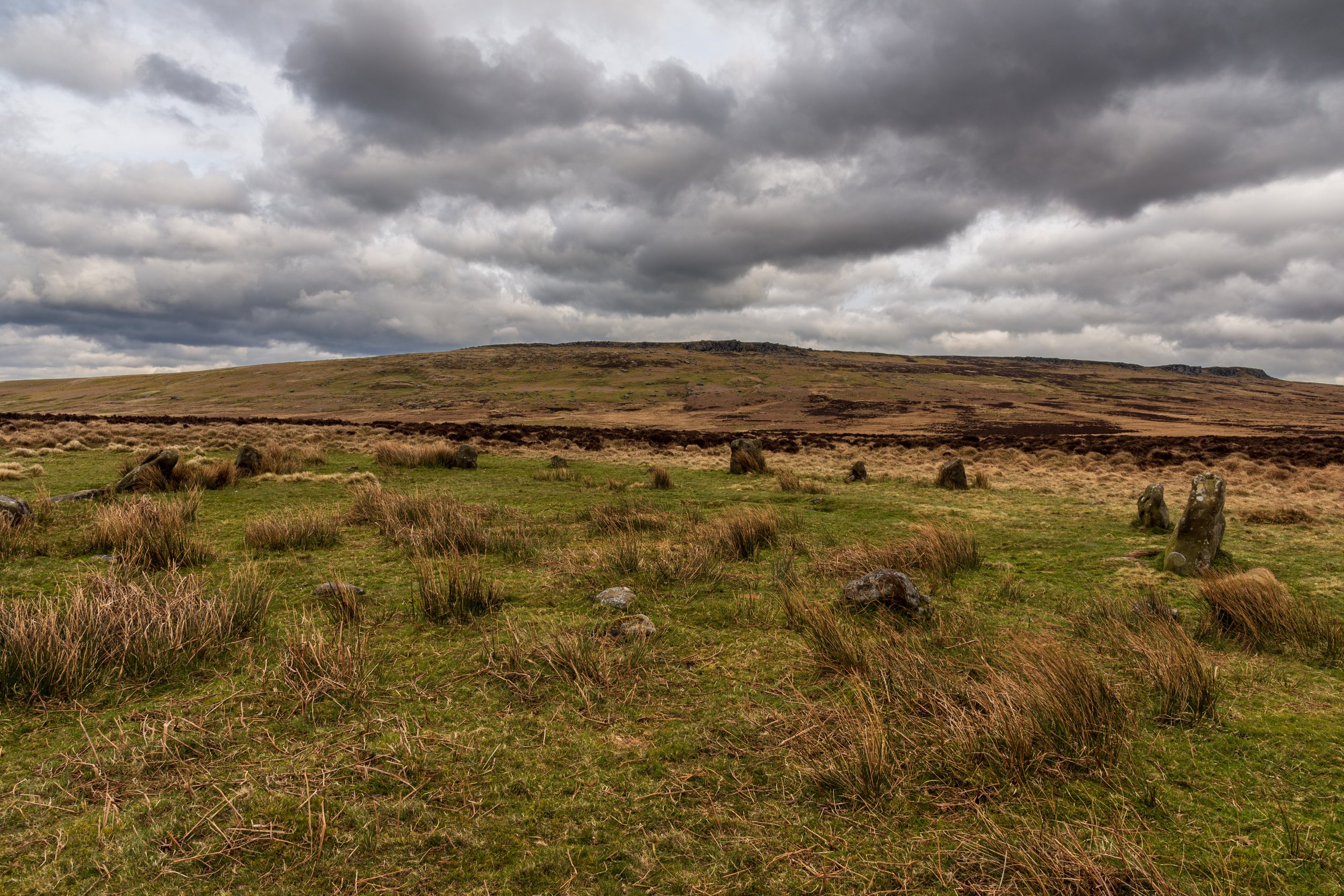 The Stone Circle on Hordron Edge in the Peak District, near Great Tor, with Stanege End in the background, under a grey cloudy sky
