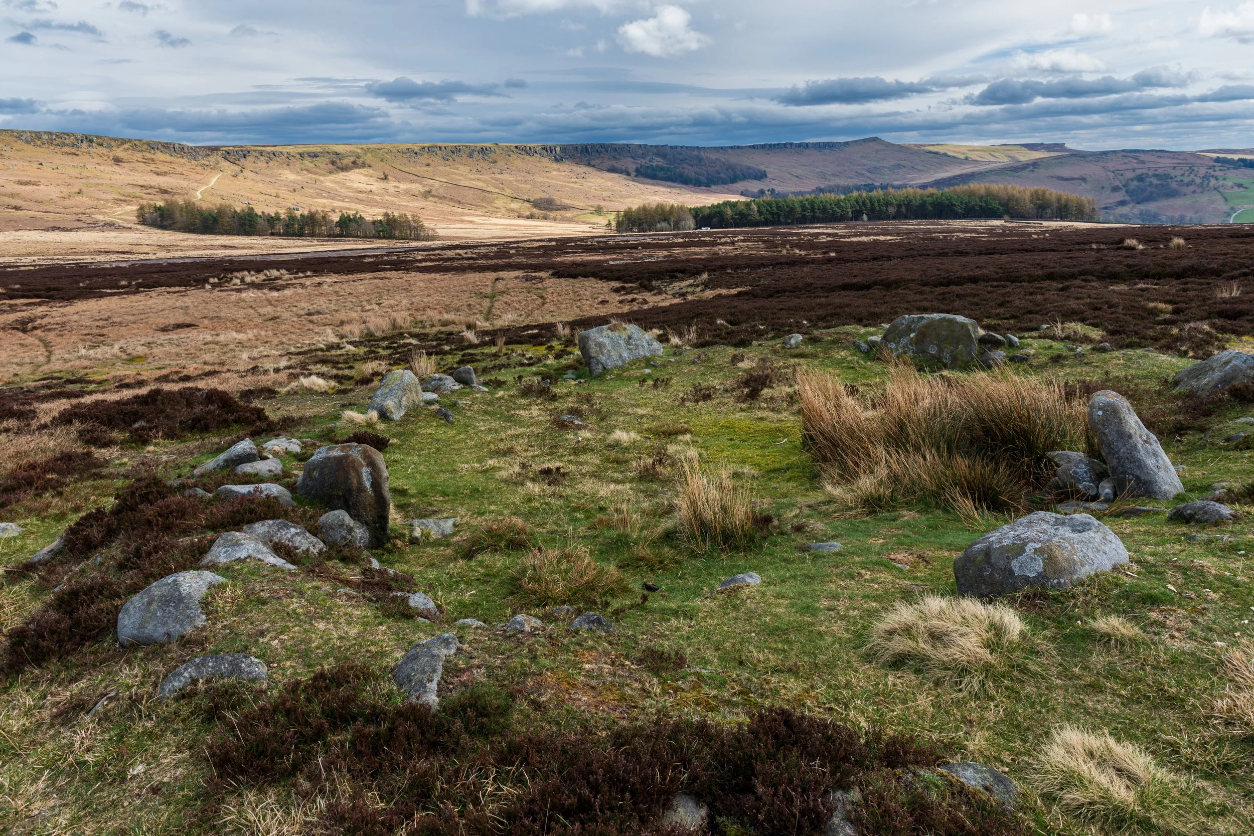A stone circle in the Peak District, between Great Tor on Bamford Edge, and Stanege Edge. Stanege Edge appears in the background, under a calm sky