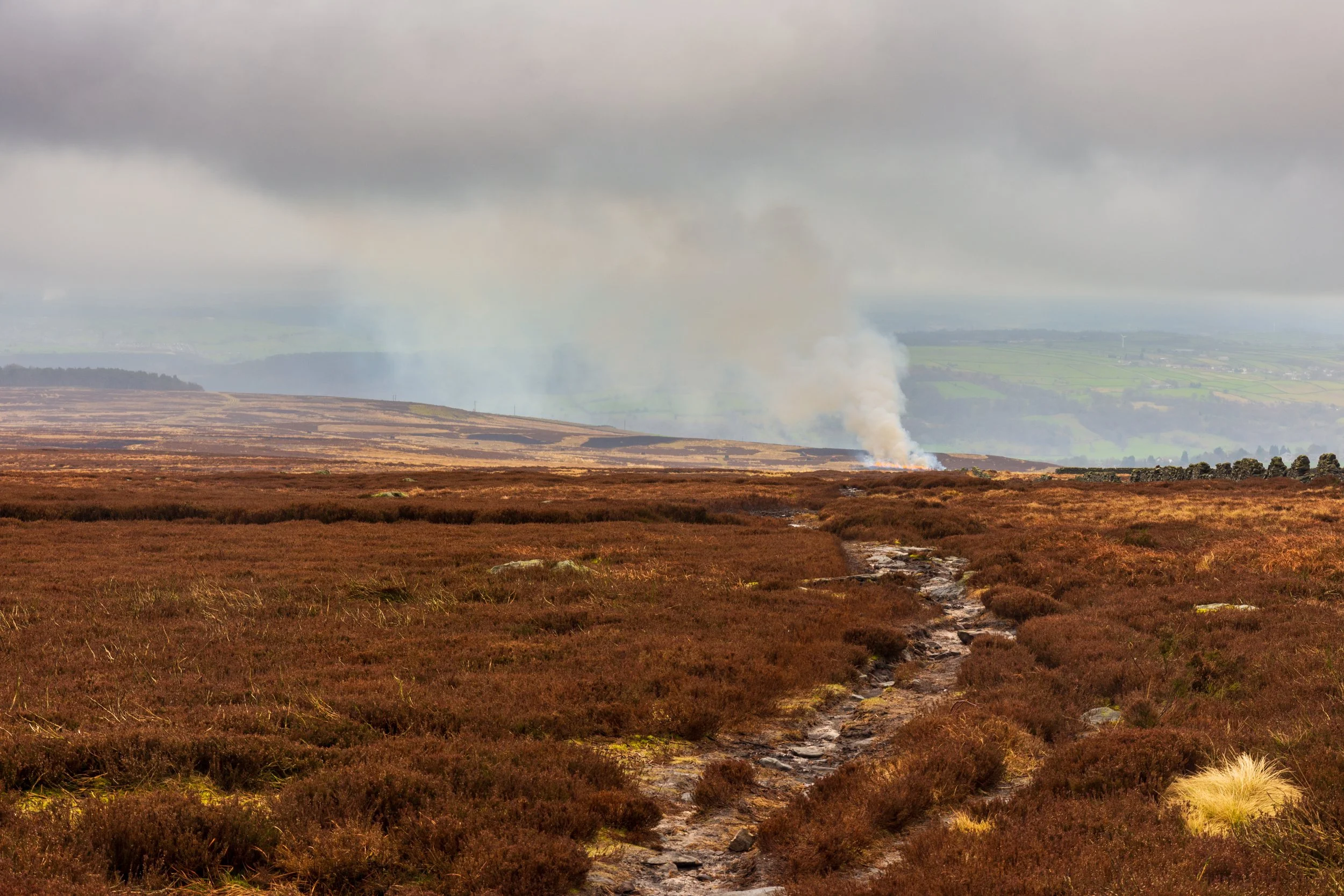 A fire set amongst the heather on Ilkley Moor / Rombalds Moor, with smoke billowing into the grey sky
