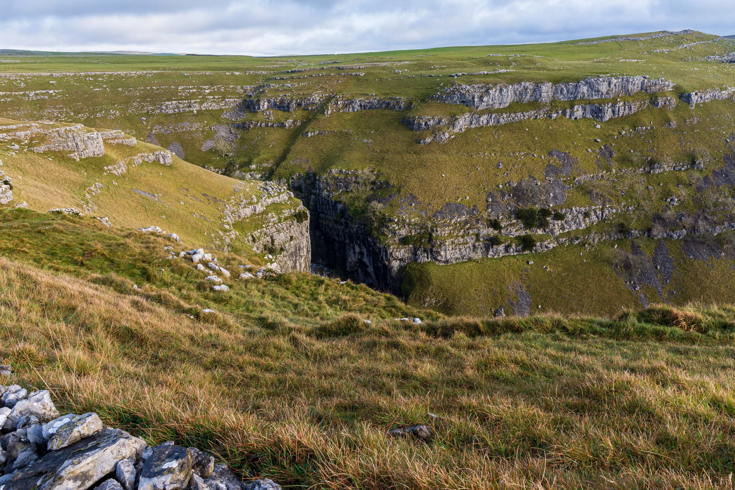 The exposed limestone sides of Gordale scar, viewed from New Close Knotts