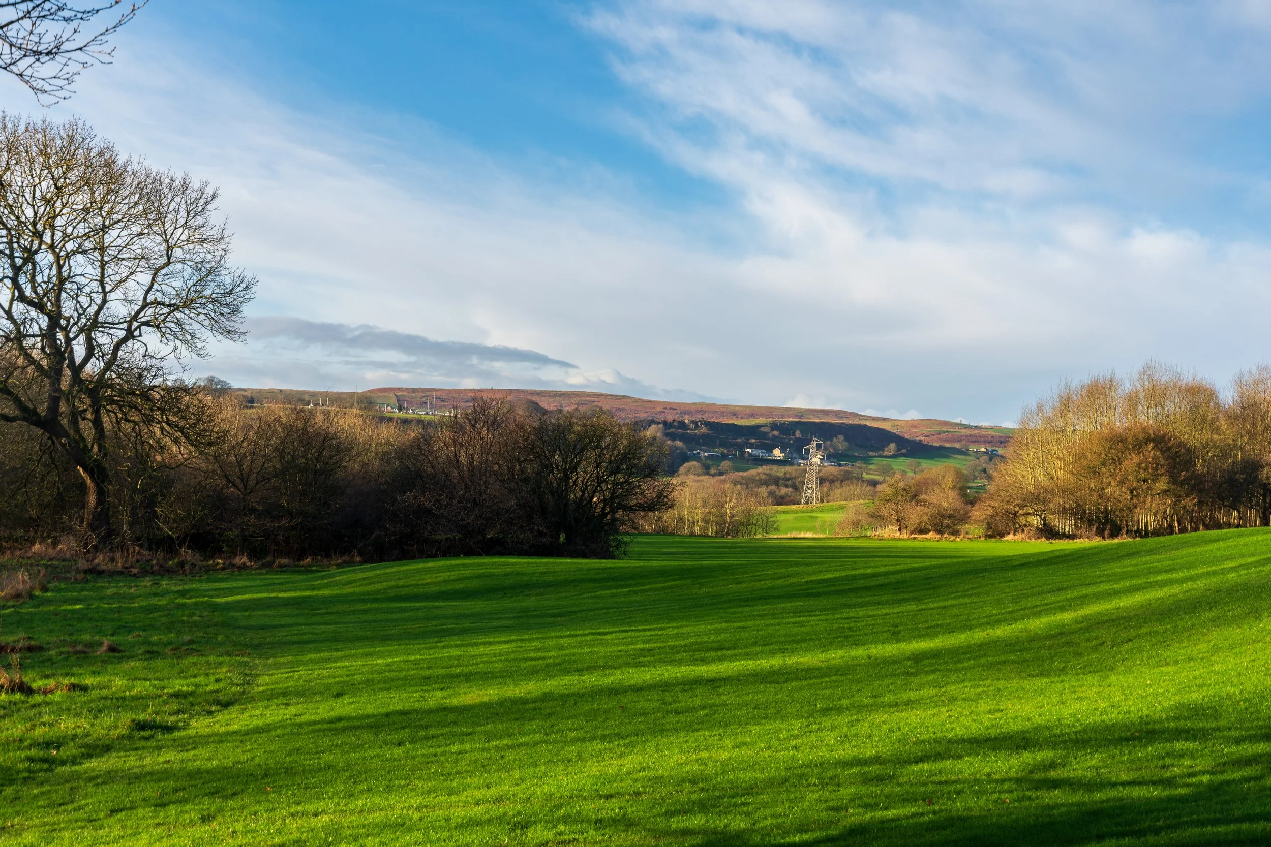 A photo of Baildon Hill, taken from the Hollins Hall Hotel Golf and Country Club, Leeds, across the verdant fairway, against a blue winter's sky