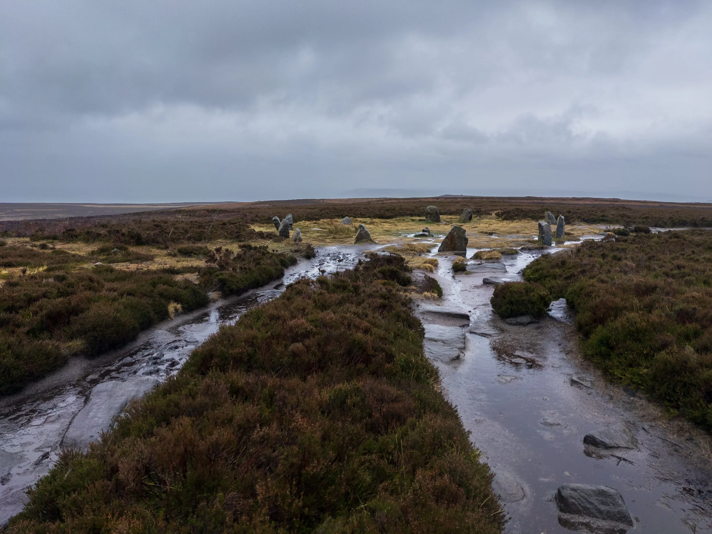 The Twelve Apostles Neolithic site on Ilkley Moor on a wet and stormy day, against a grey sky