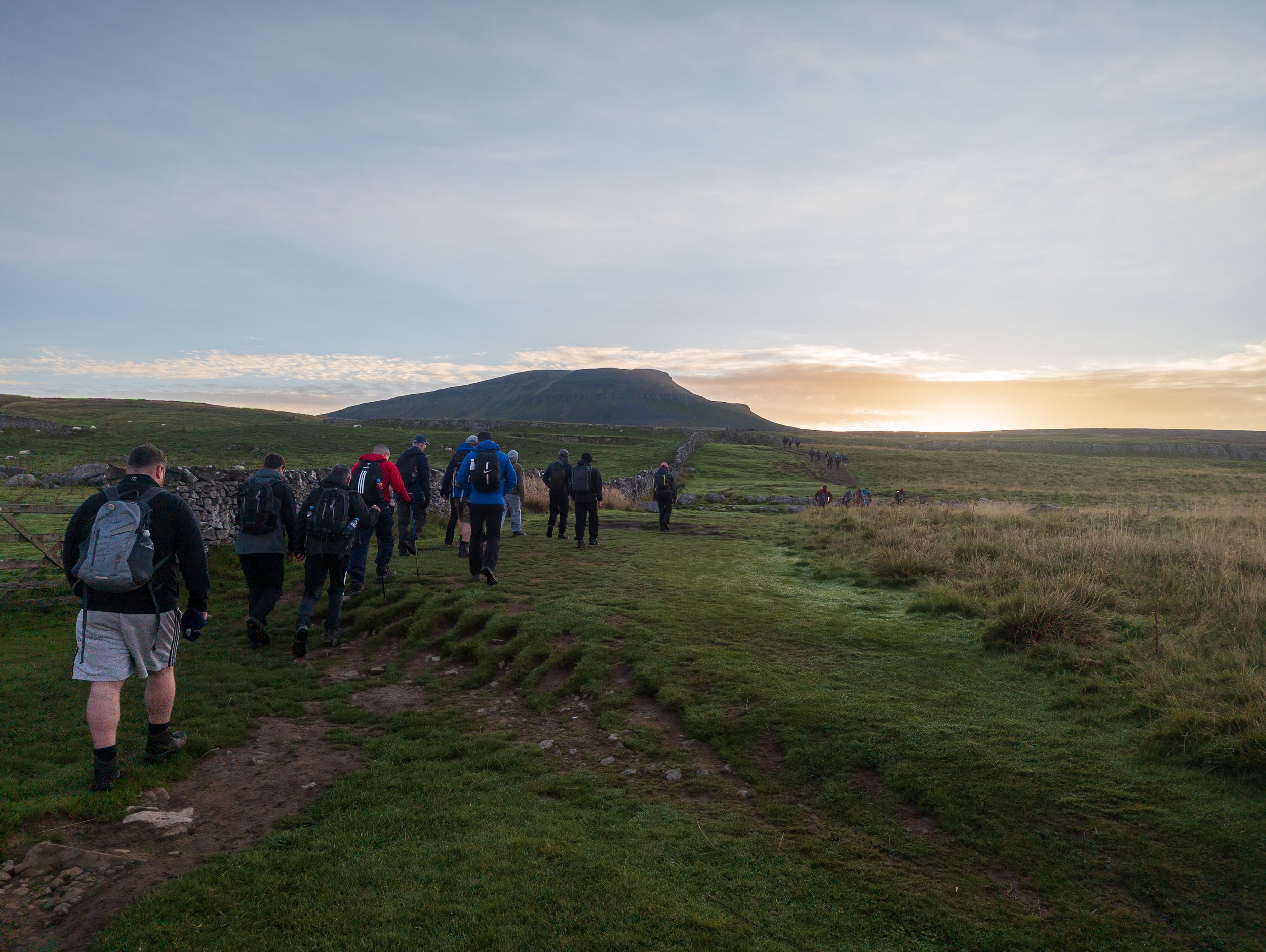A group of walkers taking on a corporate Charity Hike, walking towards Pen-y-Ghent in the Yorkshire Dales at sunrise, as part of a Yorkshire Three Peaks walk