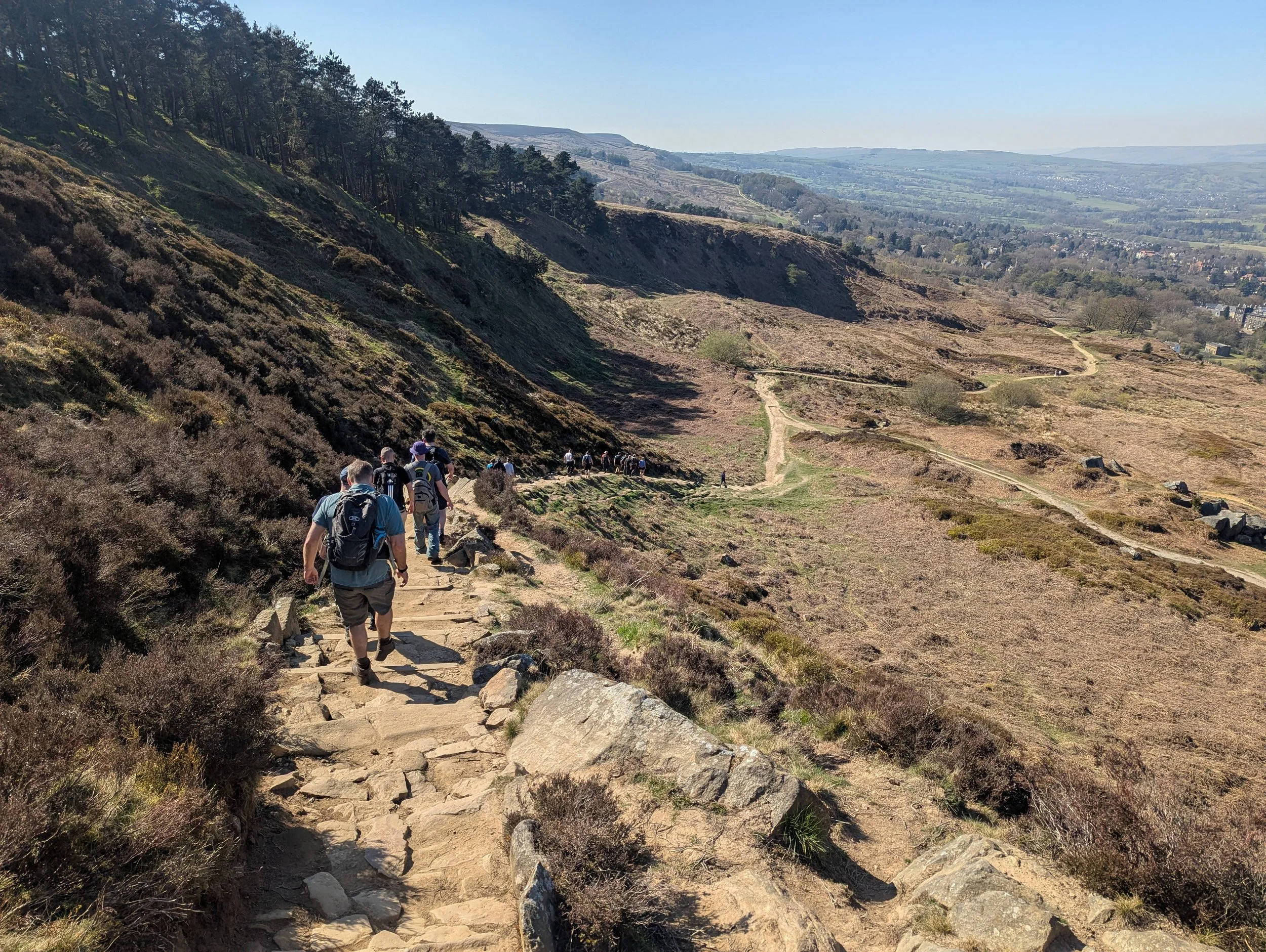 Group of hikers on Ilkley Moor on a Wellness Walk netwalk, with sparse vegetation, clear blue skies and the distant valleys of the Yorkshire Dales.