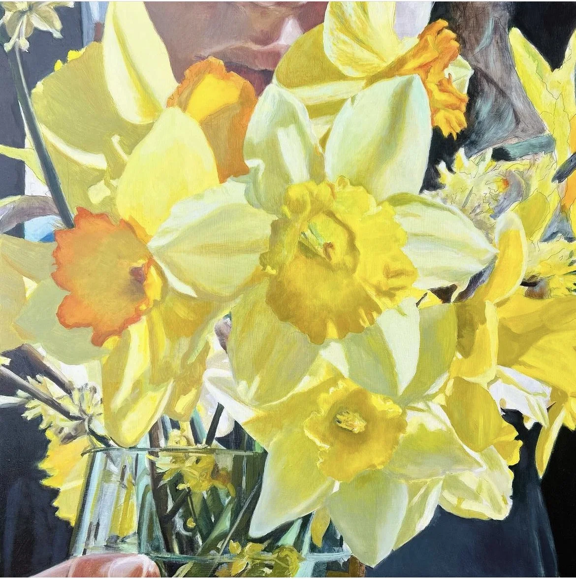 A painting of a bouquet of yellow and orange daffodils in a glass vase.