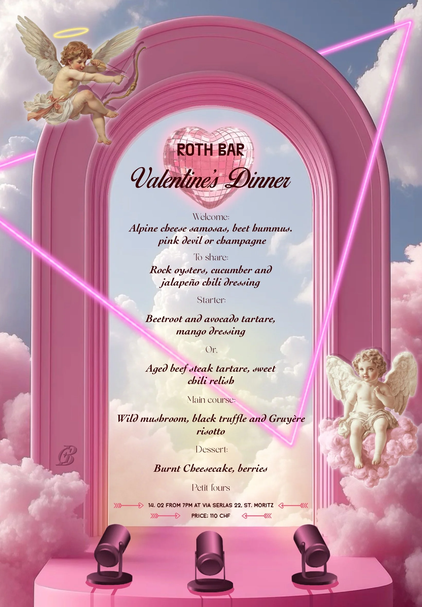 A Valentine's Day dinner menu with a pink, cloud, and sky background featuring two cherubs, one on the left with a halo and wings aiming a bow and arrow, and the other sitting on a pink cloud with wings. The menu is framed by a pink arch with neon pink lighting and stage lights at the bottom.