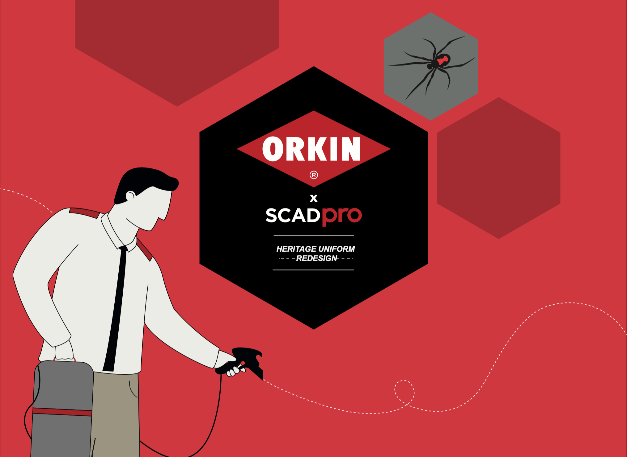 Illustration of a man spraying insecticide or pesticide in front of a red background with hexagon shapes, a spider, and the text 'ORKIN x SCAD pro Heritage Uniform Redesign'.