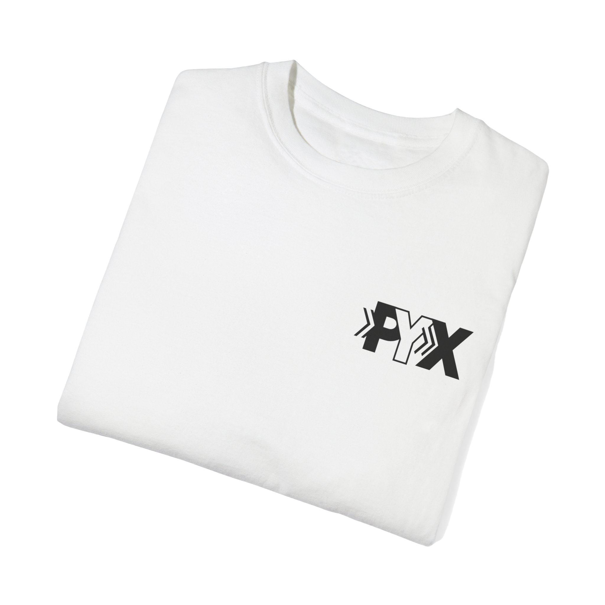White T-shirt with black PYX logo on the lower right side, folded neatly against a black background.
