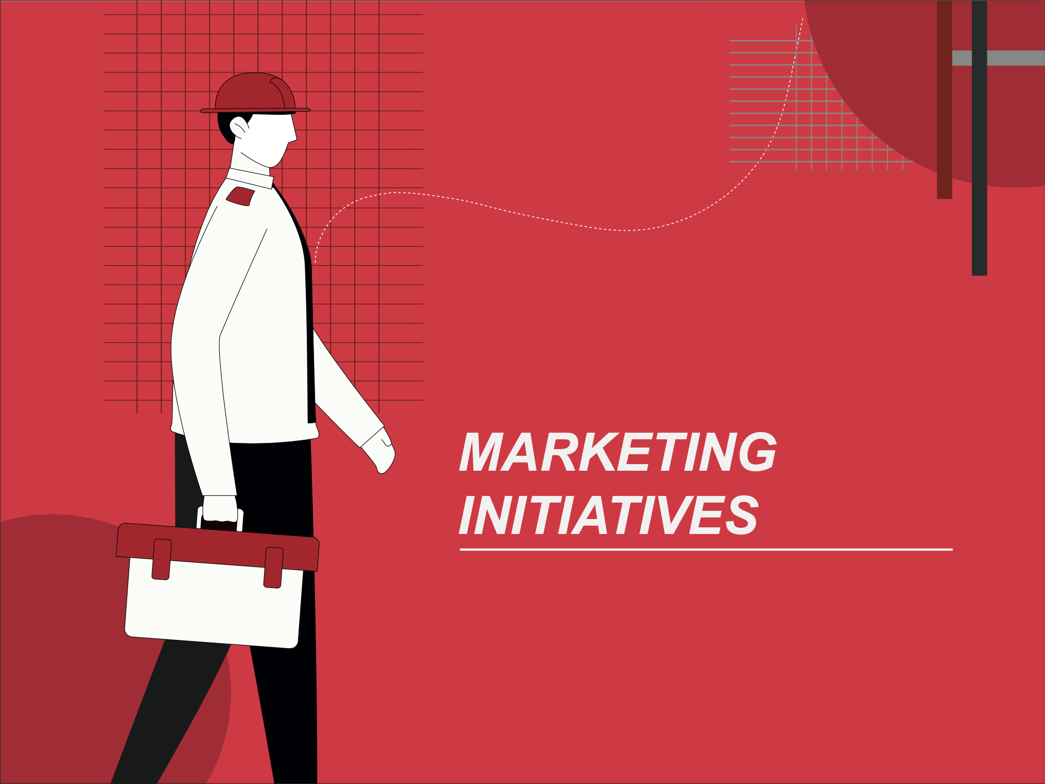 Illustration of a man in a white shirt and black pants, wearing a red hat and carrying a briefcase, walking past a large red background with grid and line elements, with the text "Marketing Initiatives" written in white.