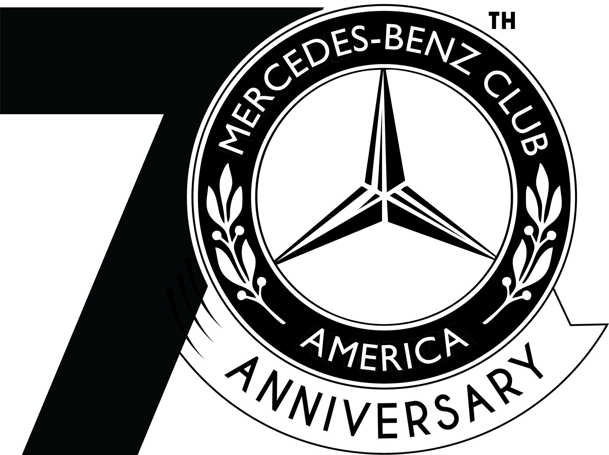 A commemorative badge celebrating the 70th anniversary of the Mercedes-Benz Club in America, featuring the Mercedes-Benz logo with a circle of text around it that reads 'Mercedes-Benz Club America' and a banner underneath with 'Anniversary'.