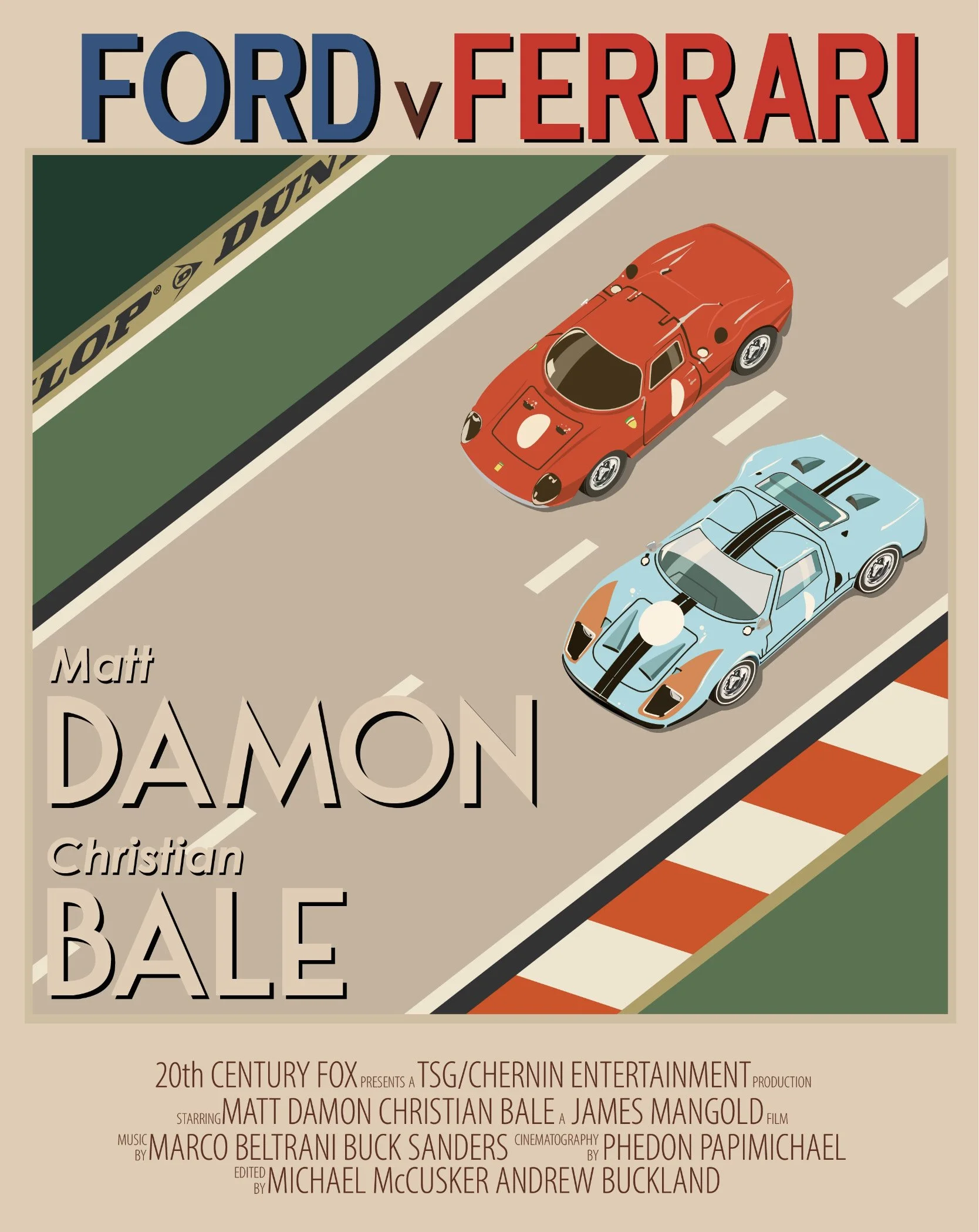 Vintage racing poster featuring two race cars, a red and a blue, on a race track with sponsor banners, promoting a fictional film starring Matt Damon and Christian Bale.