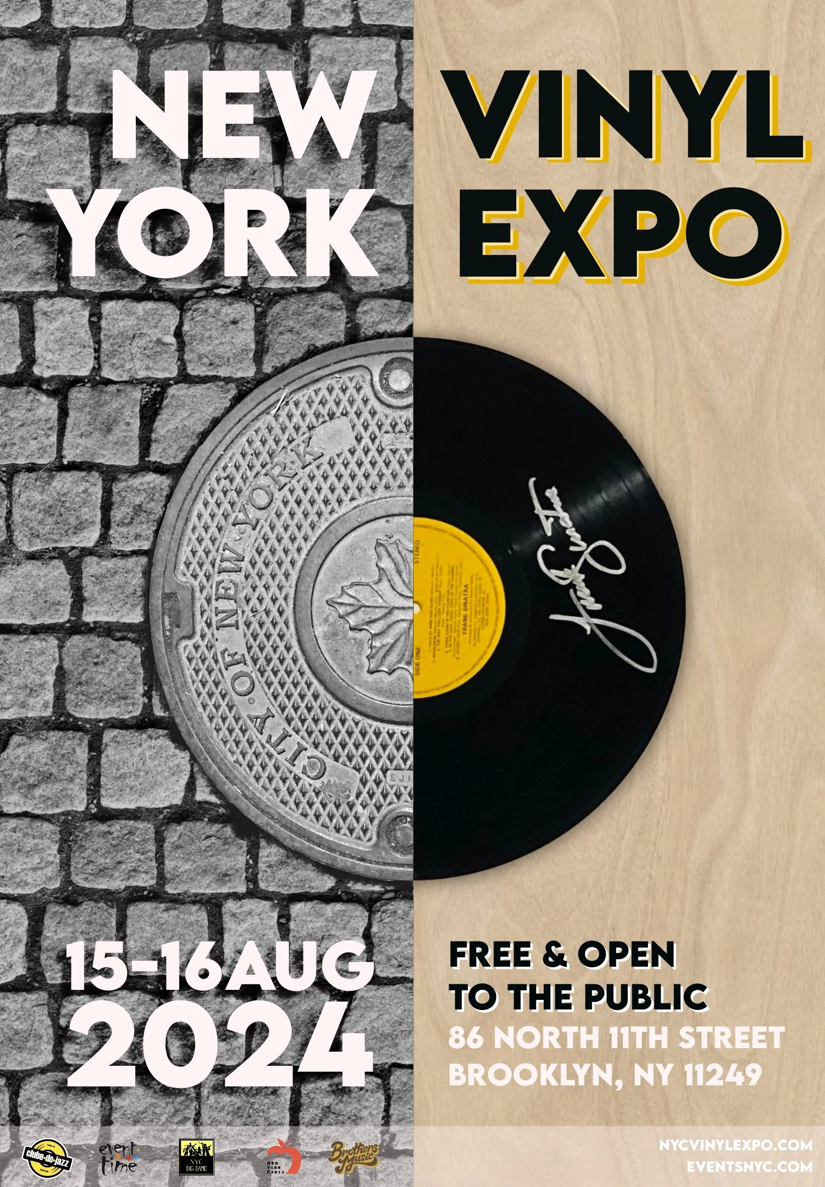 Poster for the NYC Vinyl Expo, scheduled for August 15-16, 2024, at 86 North 11th Street, Brooklyn, NY. The poster features half of a manhole cover and half of a vinyl record, with the event title and details, indicating it's free and open to the public.