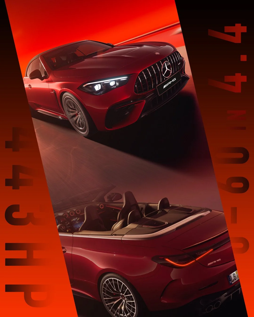 Two red Mercedes-AMG cars, a coupe and a convertible, showcased in a promotional setting with an orange and black background and the text '44.4 mph' repeated vertically.