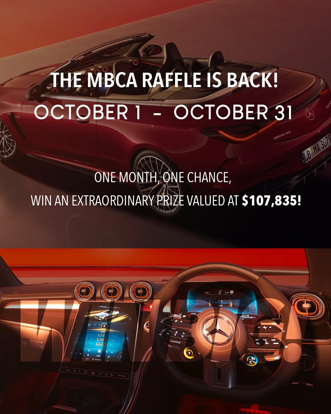 Promotional image for the MBCA raffle showing a red Mercedes-Benz convertible and a close-up of its interior steering wheel and display.