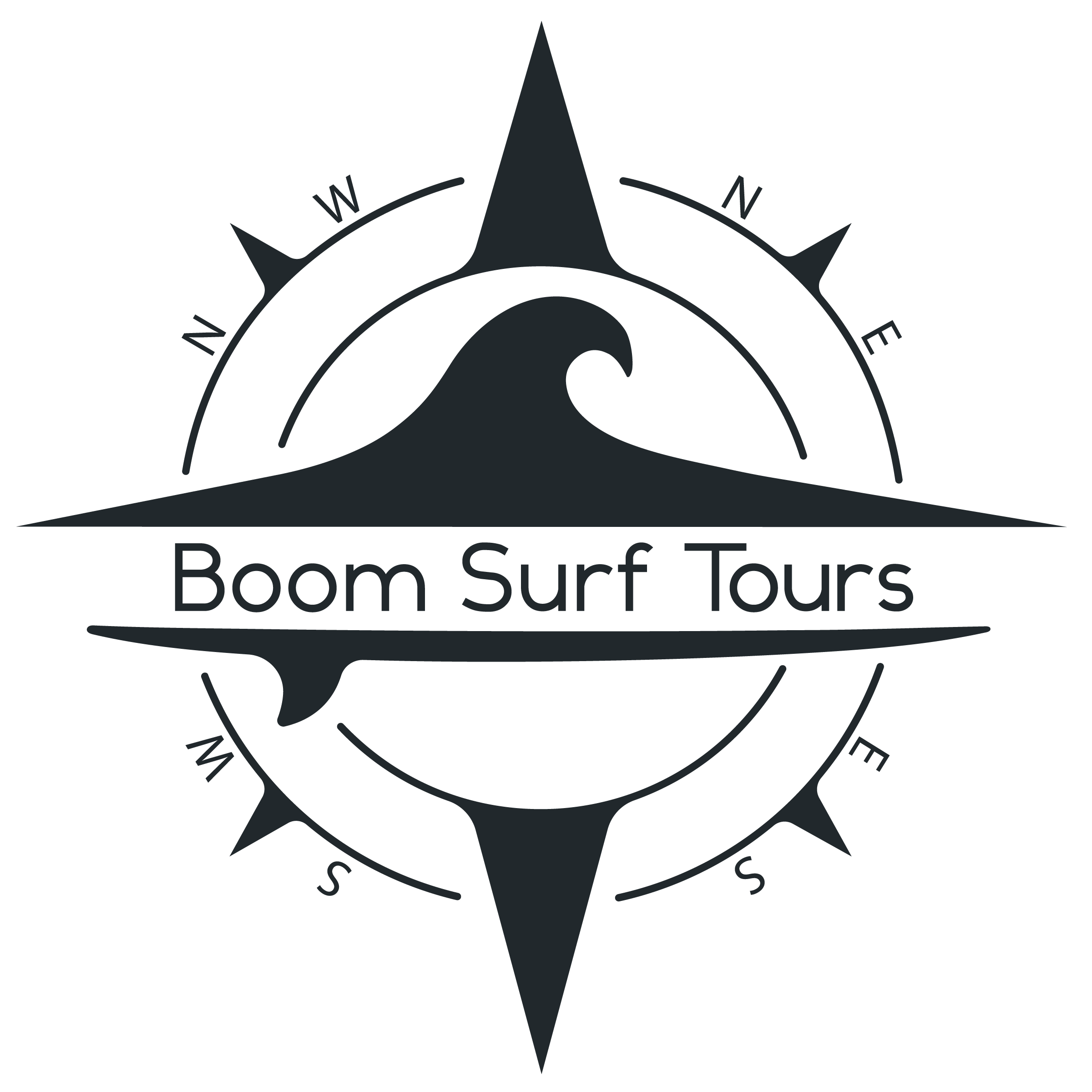 Logo for Boom Surf Tours featuring a compass with a wave and surfboard design.