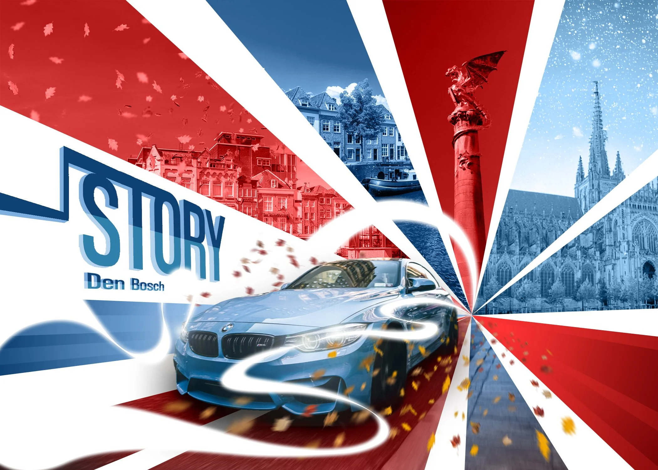 A promotional graphic with a BMW car in the foreground, surrounded by illustrations of houses, a church, and historical architecture, with red, white, and blue colors and dynamic lines and autumn leaves.