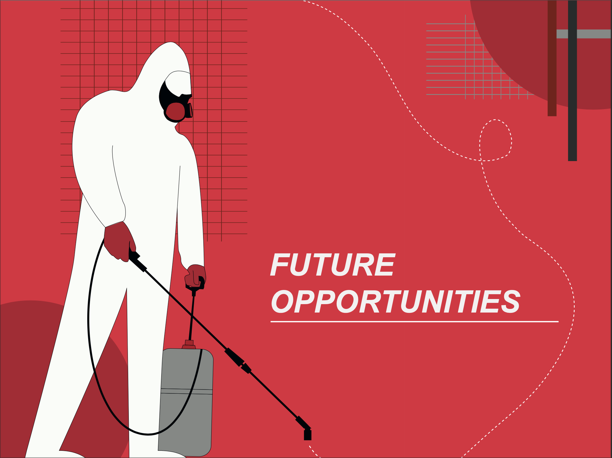 A person in white protective suit holding a spraying device with the background featuring red and black geometric patterns and the words 'Future Opportunities' written in bold white text.