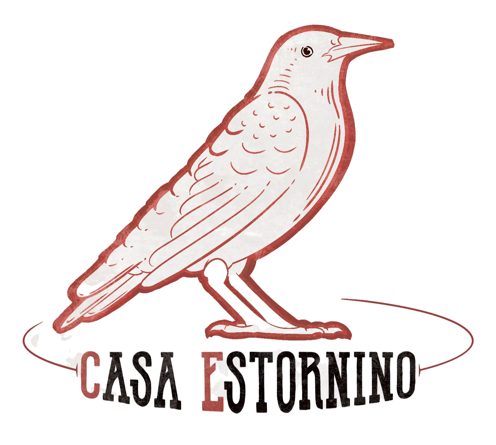 An illustration of a bird, likely a woodcock, standing on a branch with the words "Casa E Stornello" beneath it.