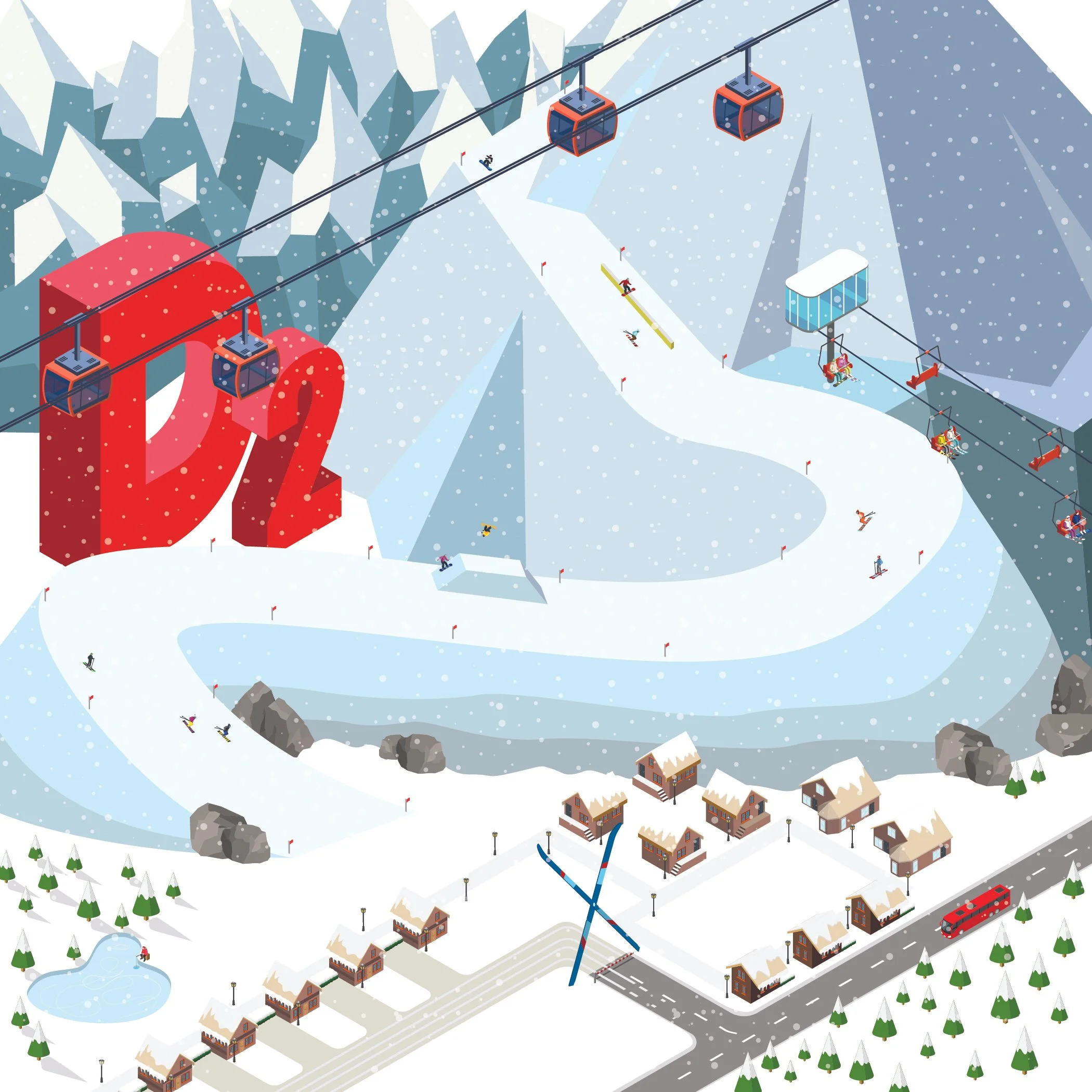 A snowy mountain scene featuring ski slopes, ski lifts, and a ski jump. Large red 2020 numbers are displayed, with skiers and snowboarders on the slopes. A ski jump ramp with a skier in mid-flight is in the foreground. The bottom of the image shows a small village with snow-covered houses, trees, a pond, and a road with a red bus.