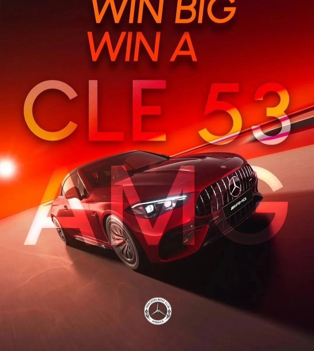 A red Mercedes-Benz AMG sports car on a sunset background with promotional text to win a Mercedes-Benz CLE 53 and the Mercedes-Benz logo at the bottom.
