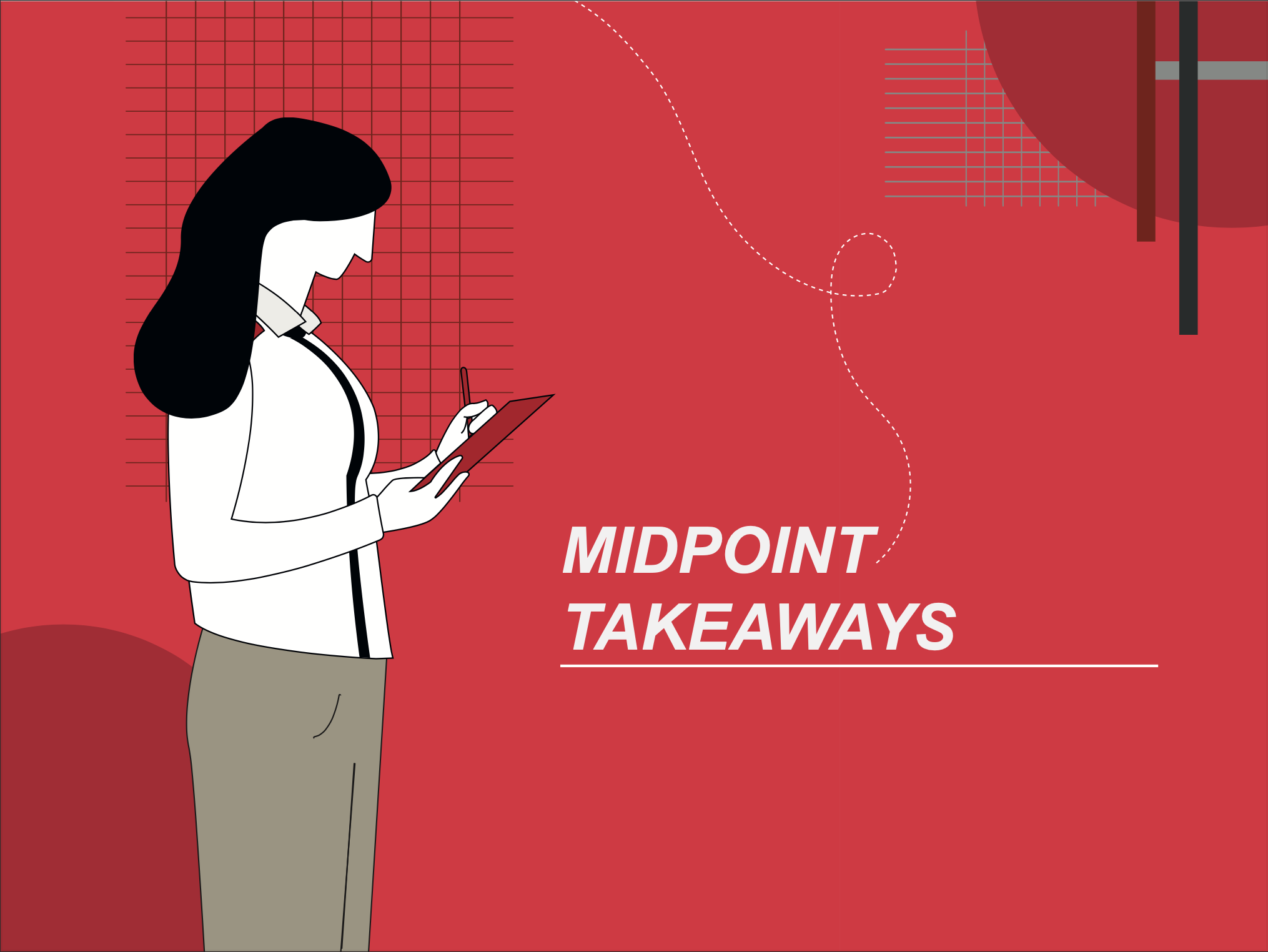 An illustration of a woman with long black hair using a tablet device against a red background with graphic elements, and the text "MIDPOINT TAKEAWAYS".