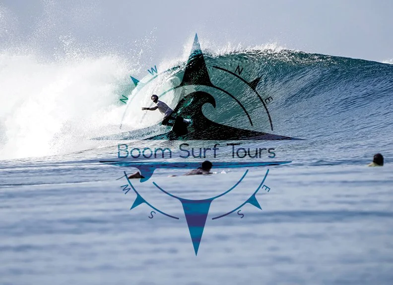 Surfer riding a wave with a logo overlay for Boom Surf Tours and a compass design.