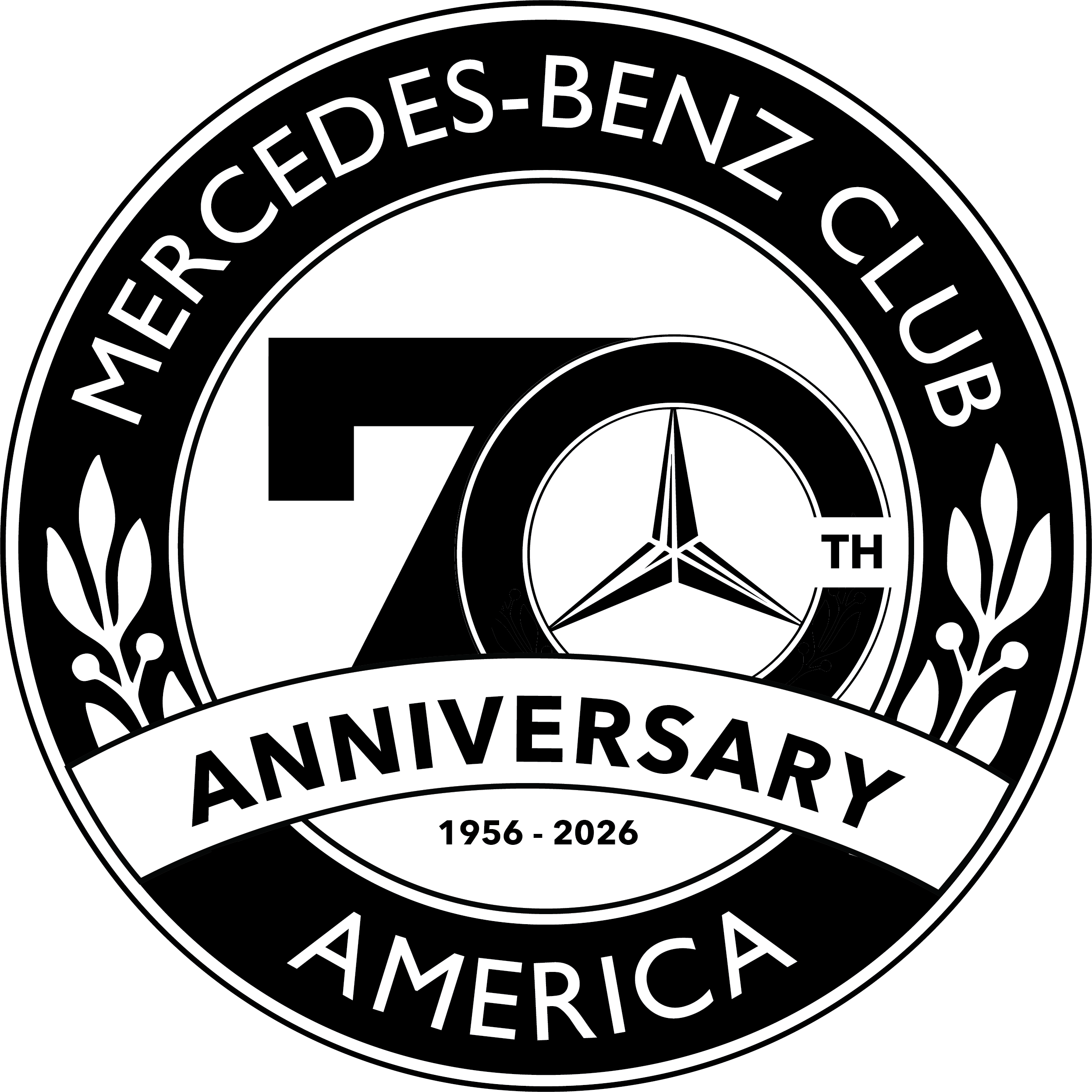Black and white circular emblem celebrating Mercedes-Benz's 70th anniversary in America from 1956 to 2026, with Mercedes-Benz logo, the number 70, and laurel leaves.