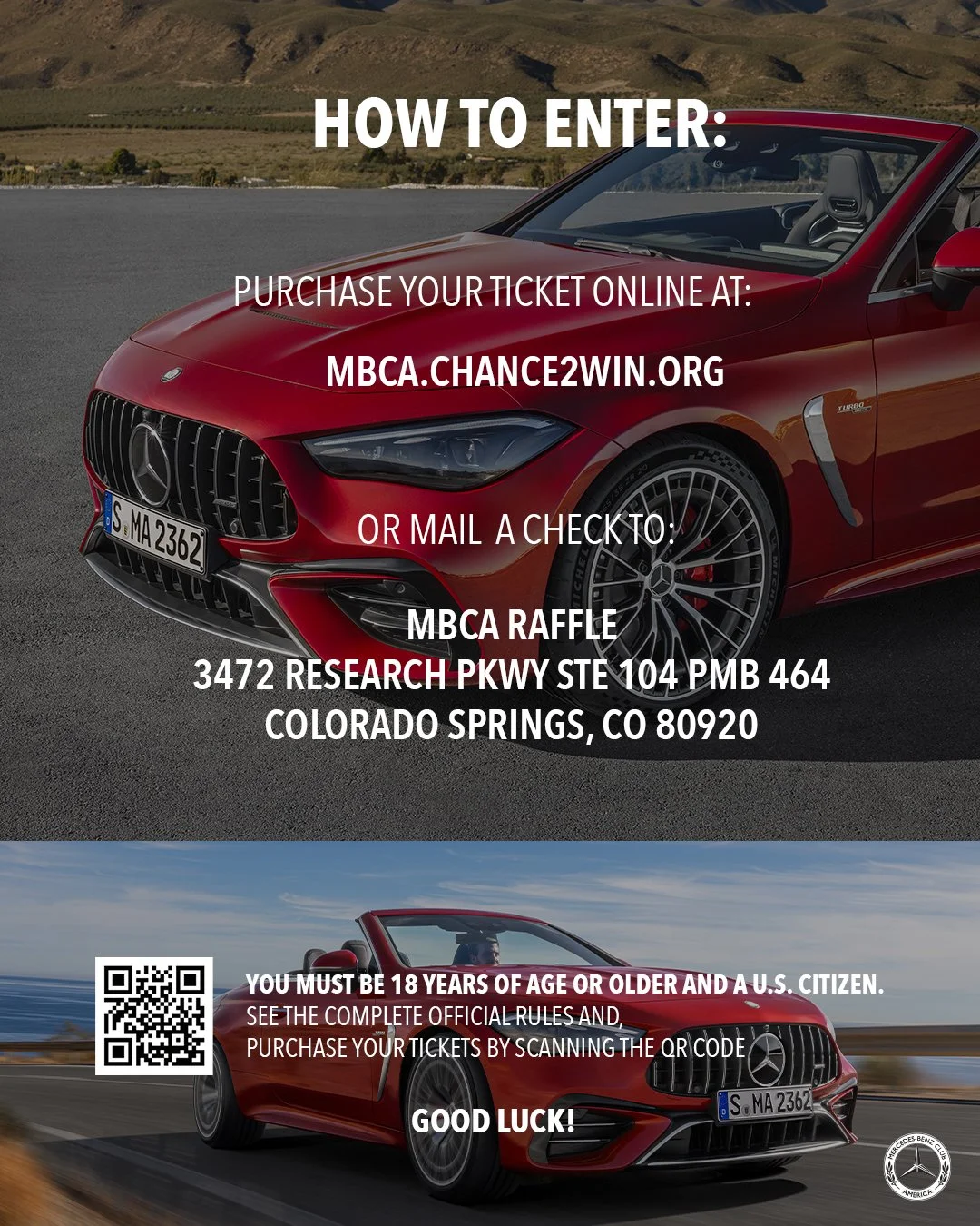 A red Mercedes-Benz convertible sports car on a paved road in a mountainous area with information about entering a raffle or event, including online ticket purchase URL, mailing address, legal age requirements, and a QR code.