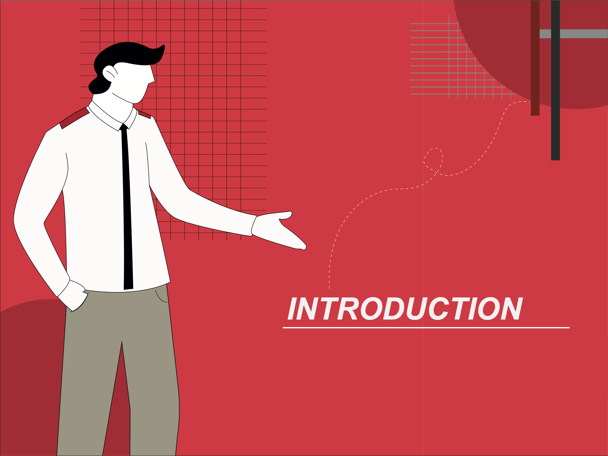 A person with dark hair in a white shirt, black tie, and beige pants is pointing to the right side of the image; there is a red background with the word 'INTRODUCTION' in white, italicized text and various graphical elements.