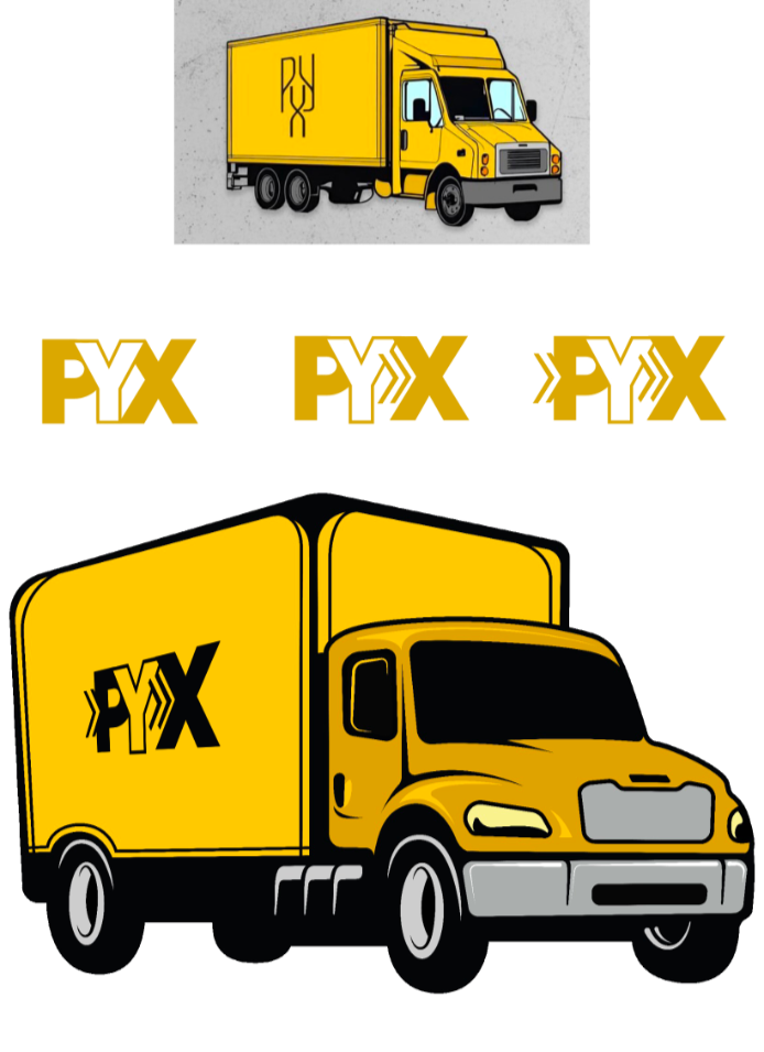 Two yellow PIX delivery trucks depicted in a cartoon style, with the smaller truck on top and the larger truck below, both showcasing the PIX logo.