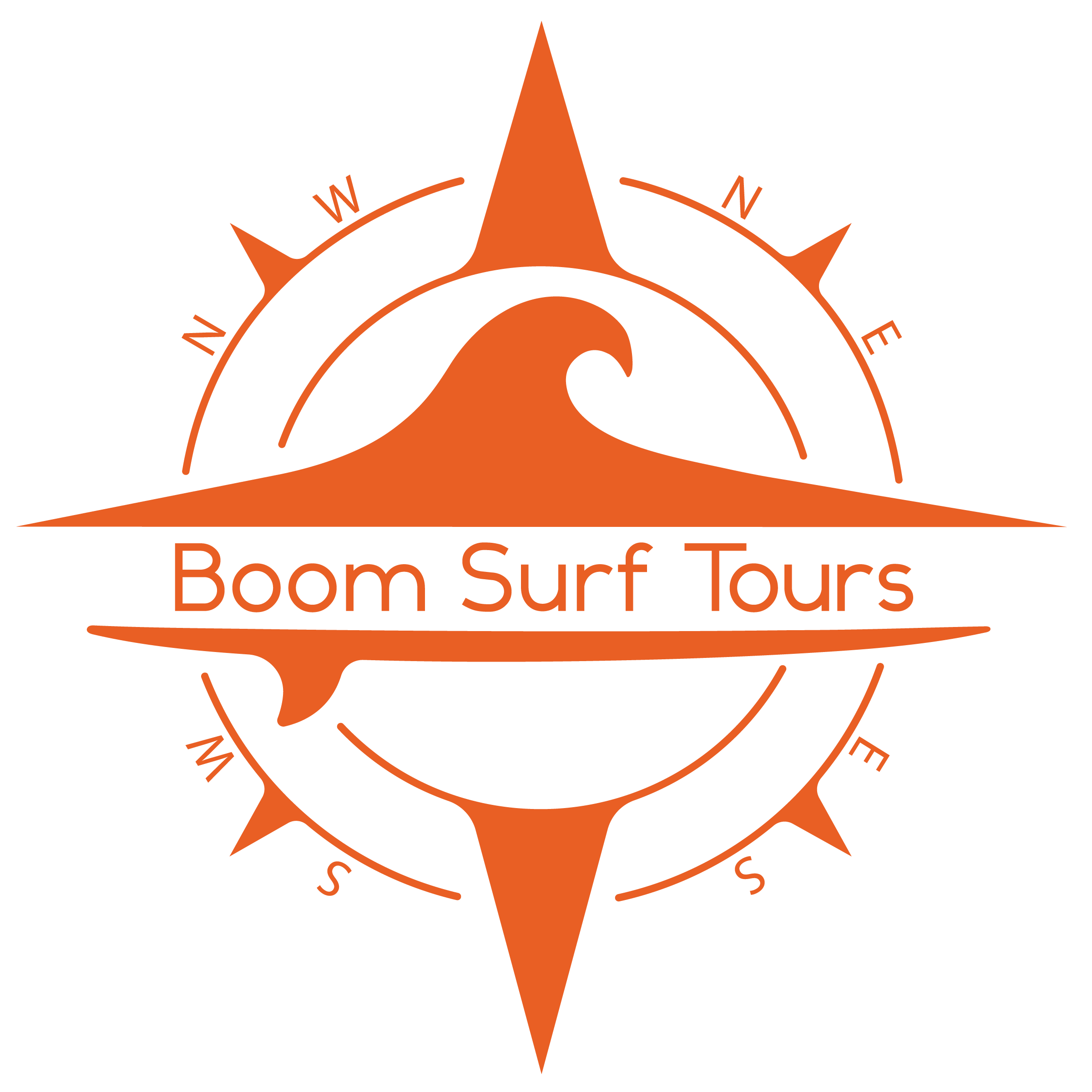 Logo for Boom Surf Tours featuring a stylized orange compass with a wave in the center and a surfboard crossing through the middle, with the text 'Boom Surf Tours' underneath.