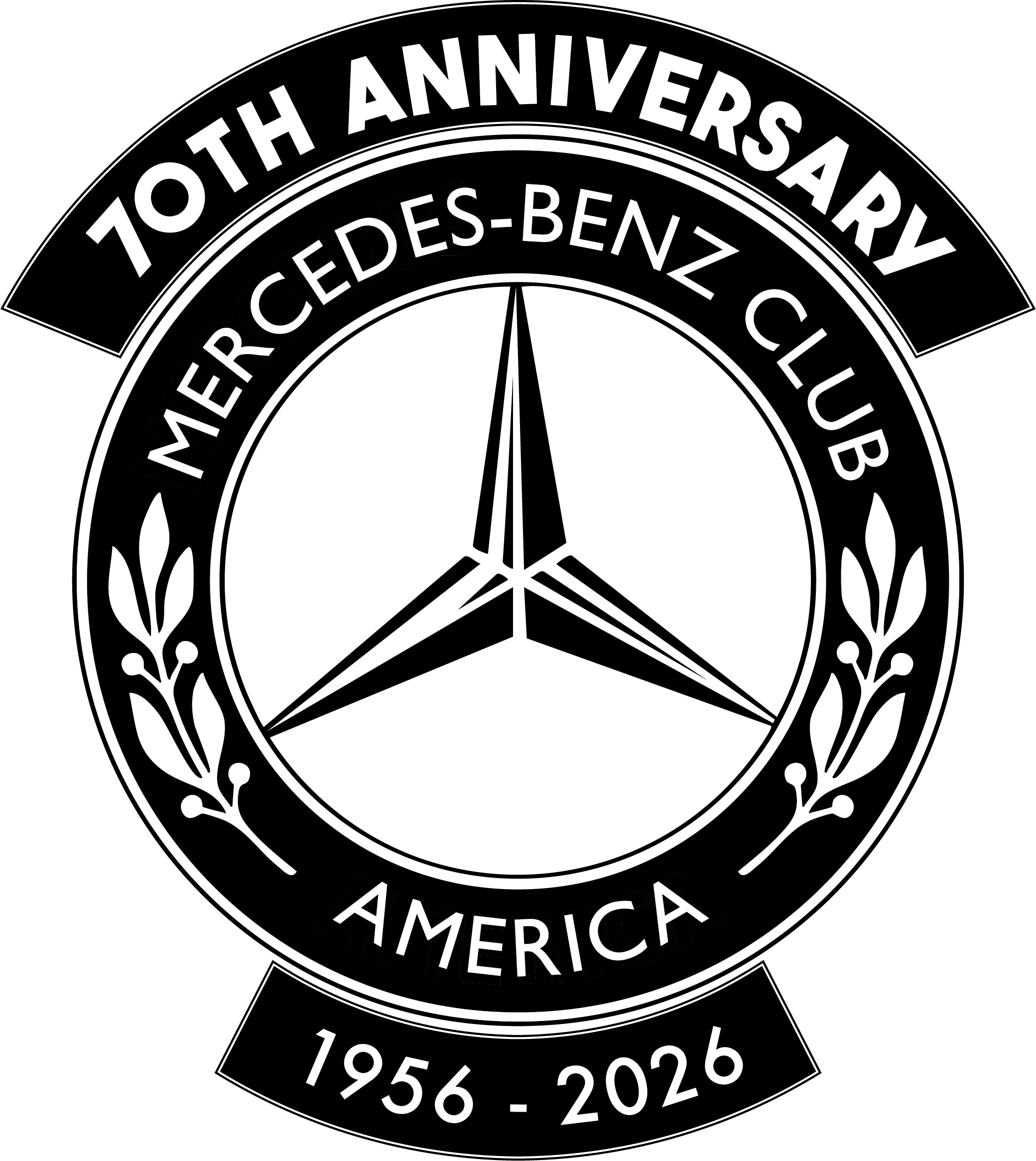 A black and white circular logo commemorating the 70th anniversary of Mercedes-Benz Club America from 1956 to 2026, with laurel branches on either side of the inner circle.