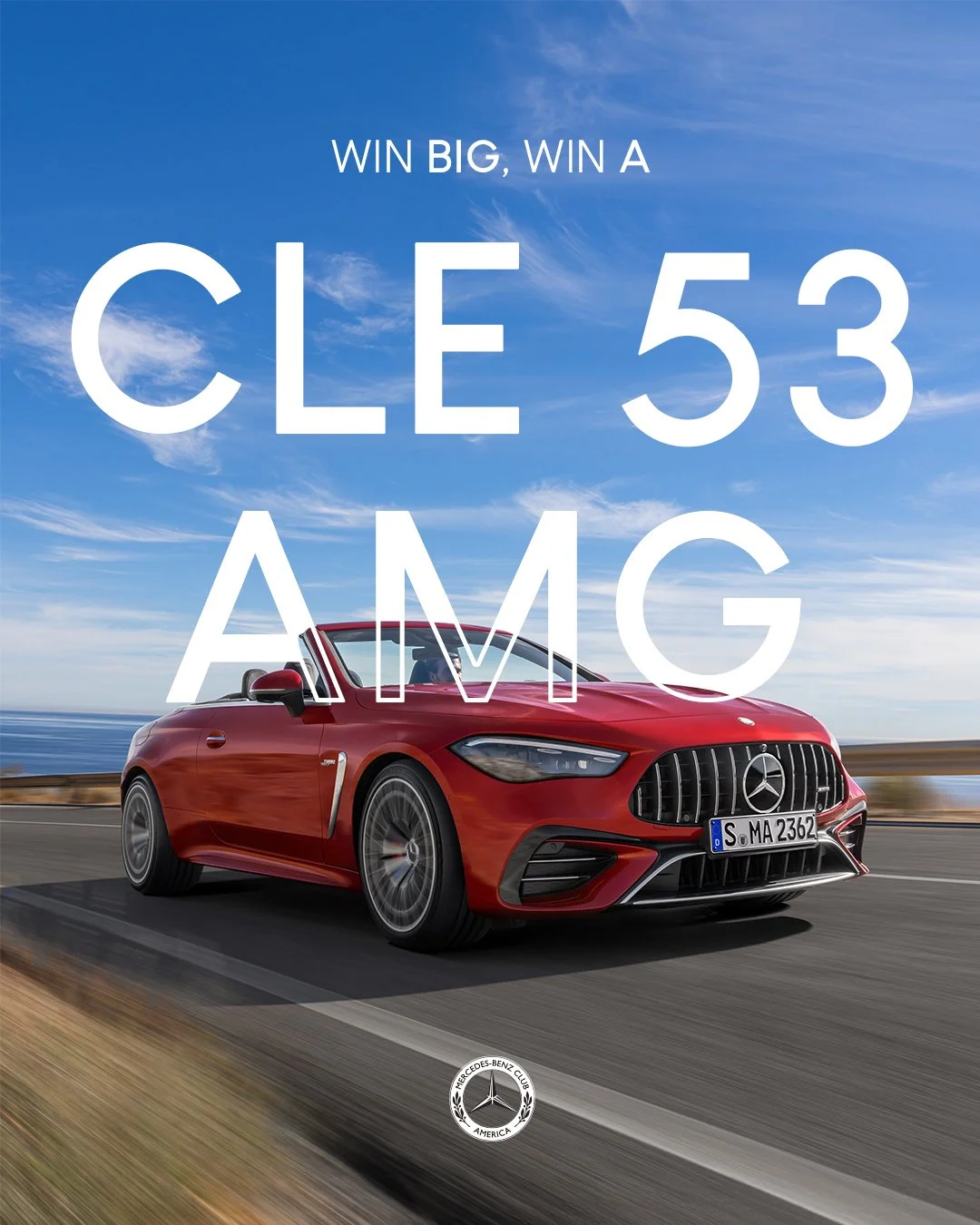 Red Mercedes-Benz convertible driving on a coastal road with a blue sky and clouds, promotional text for a contest, and Mercedes-Benz logo.