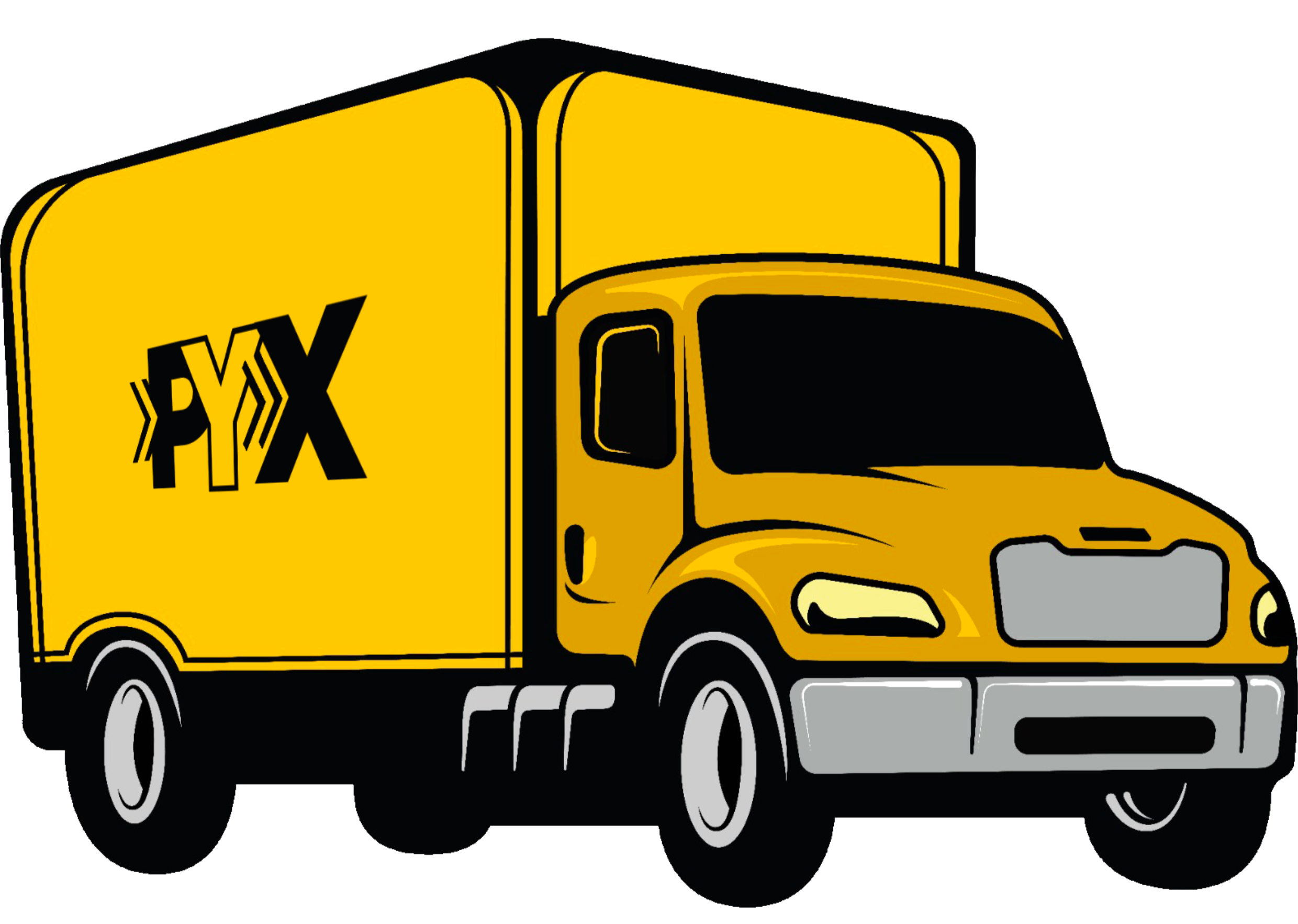 A yellow delivery truck with the logo 'PIX' on the side.