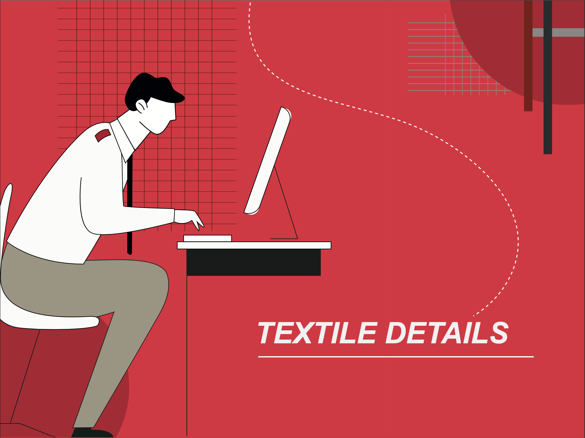 Illustration of a person sitting at a desk with a computer, with a red background and the text 'TEXTILE DETAILS' in the foreground.