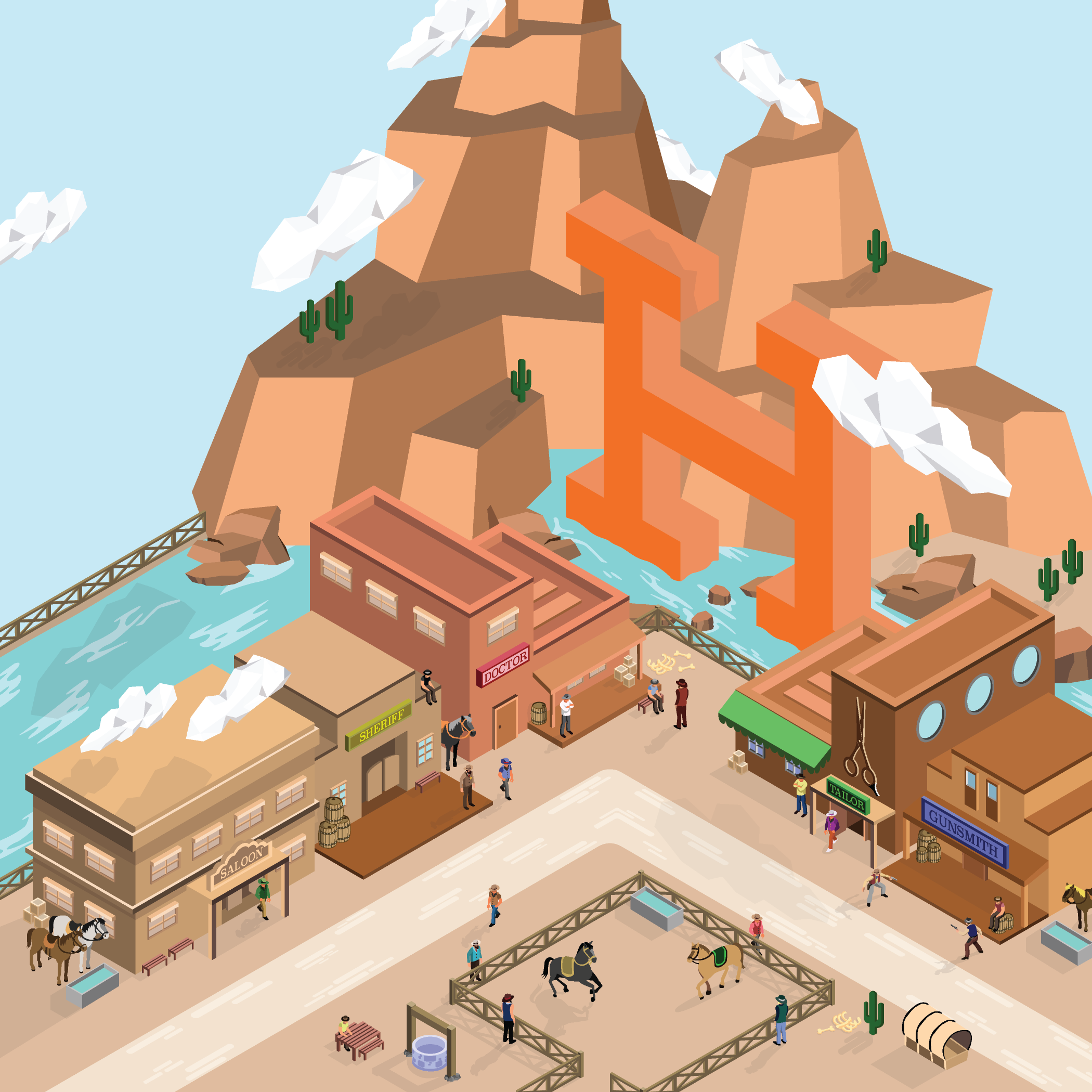 An animated Western town scene with a large orange 'H' shaped structure on the mountainside and a water reservoir behind the town. The town features a saloon, sheriff's office, doctor's office, barber shop, and gunsmith, with people, horses, and cacti around the streets and a fenced horse riding arena.