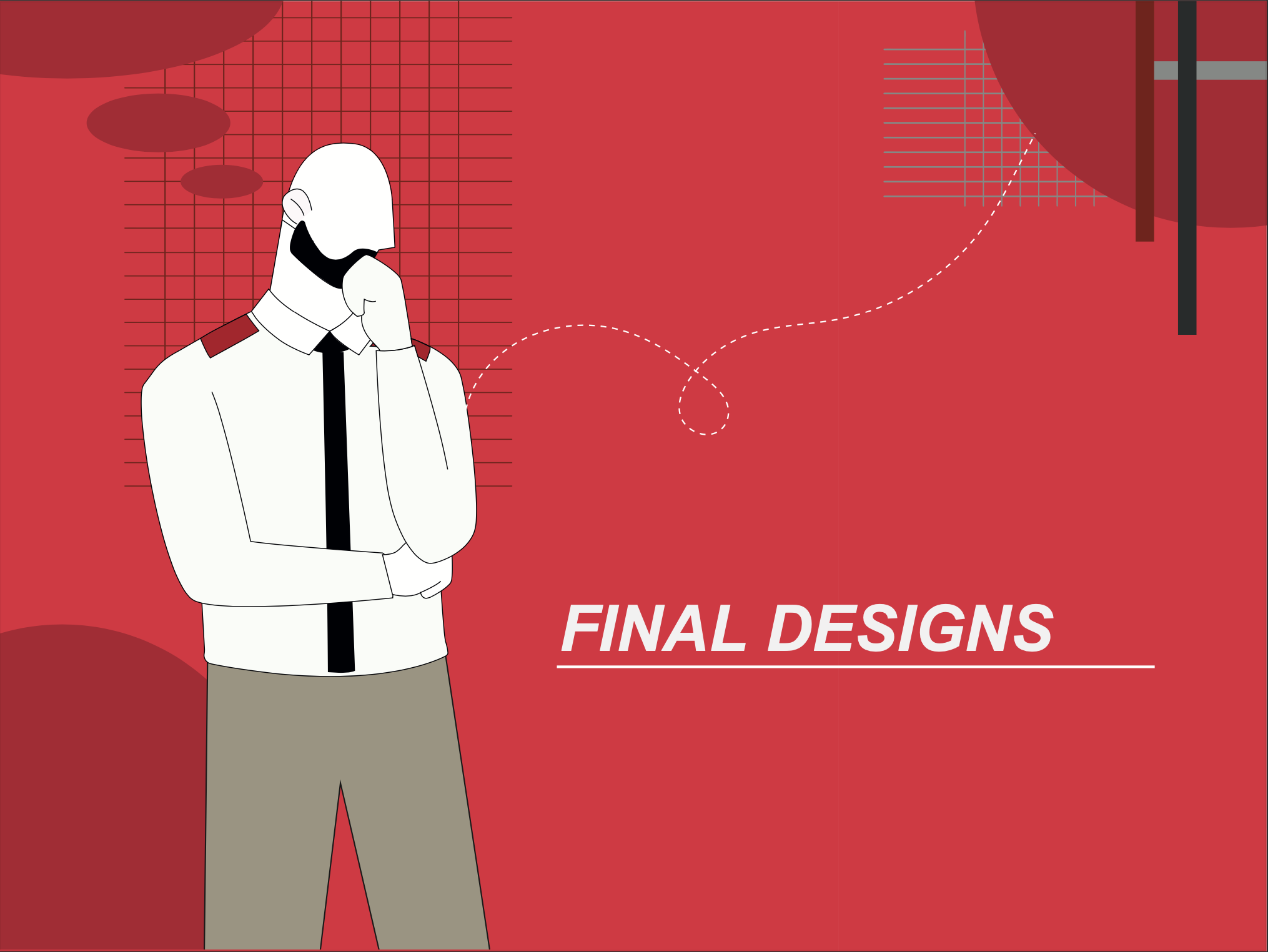 Illustration of a man in a uniform with a beard, thinking with his hand on his chin, and the words "Final Designs" on a red background with graphic elements.