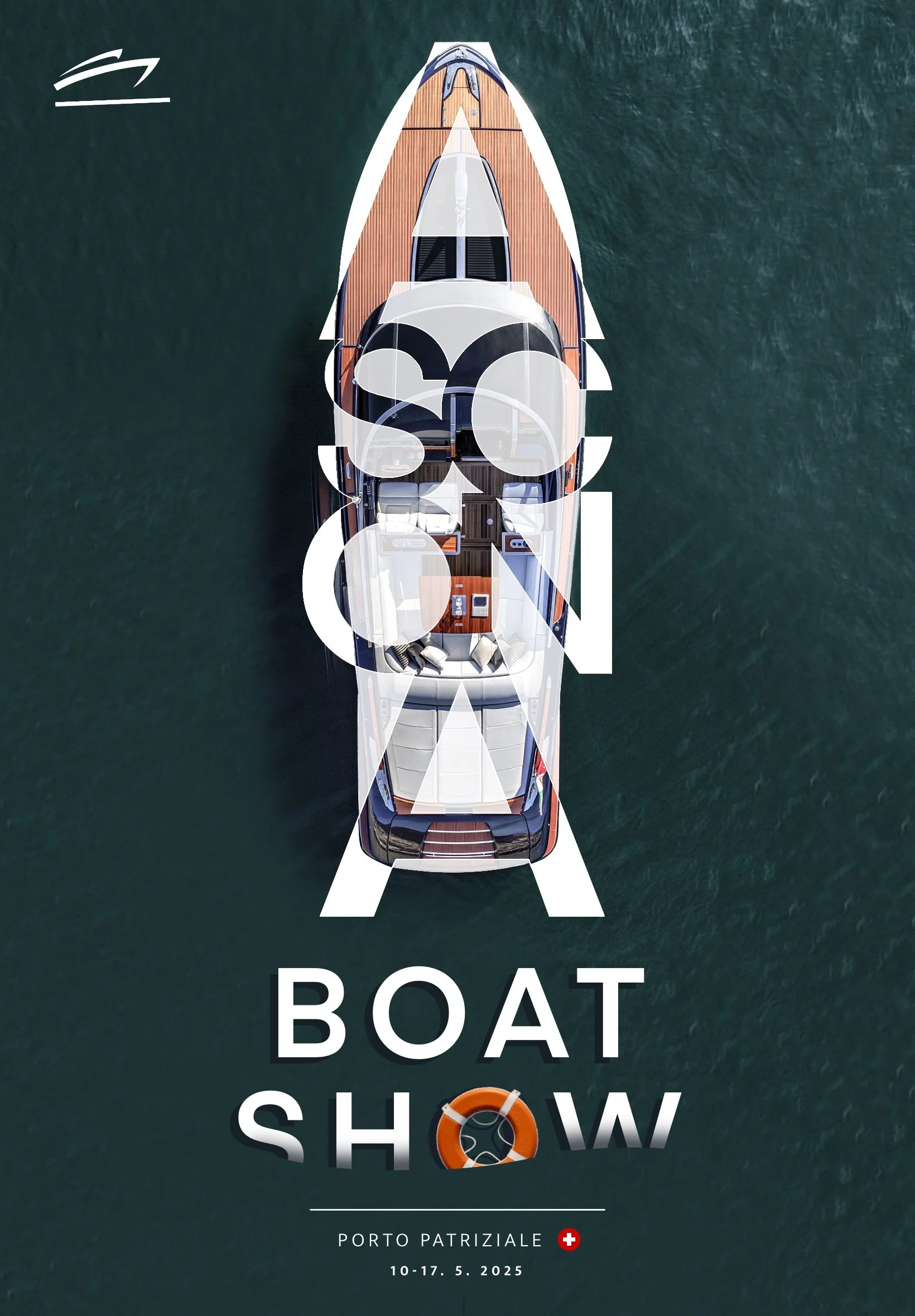 Top-down view of a luxury yacht on the water, with promotional text for a boat show in Porto Patrizale, May 10-17, 2025, featuring a life buoy icon.