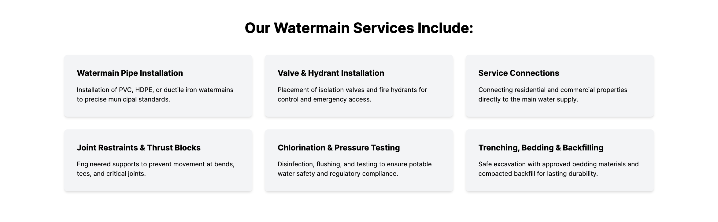 Screenshot of watermain services offered, including installation, valve and hydrant installation, service connections, joint restraints and thrust blocks, chlorination and pressure testing, trenching, bedding, and backfilling, displayed in a list with descriptions.