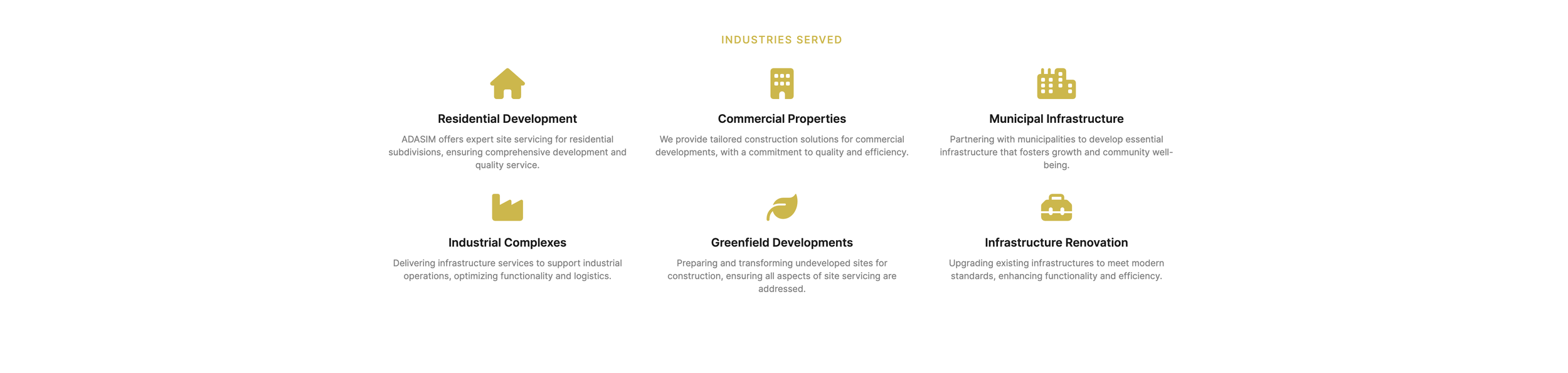 A section titled 'Industries Served' with icons and descriptions for residential development, commercial properties, municipal infrastructure, industrial complexes, greenfield developments, and infrastructure renovation.