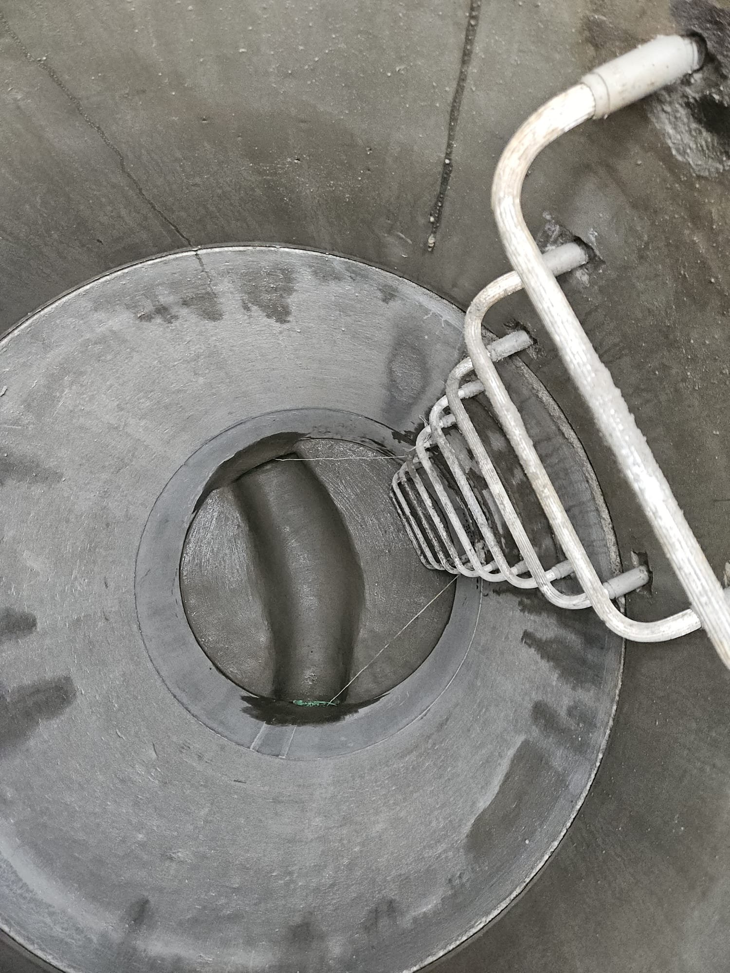 Inside a concrete silo or well with a metal ladder attached to the side, leading down into the dark interior.