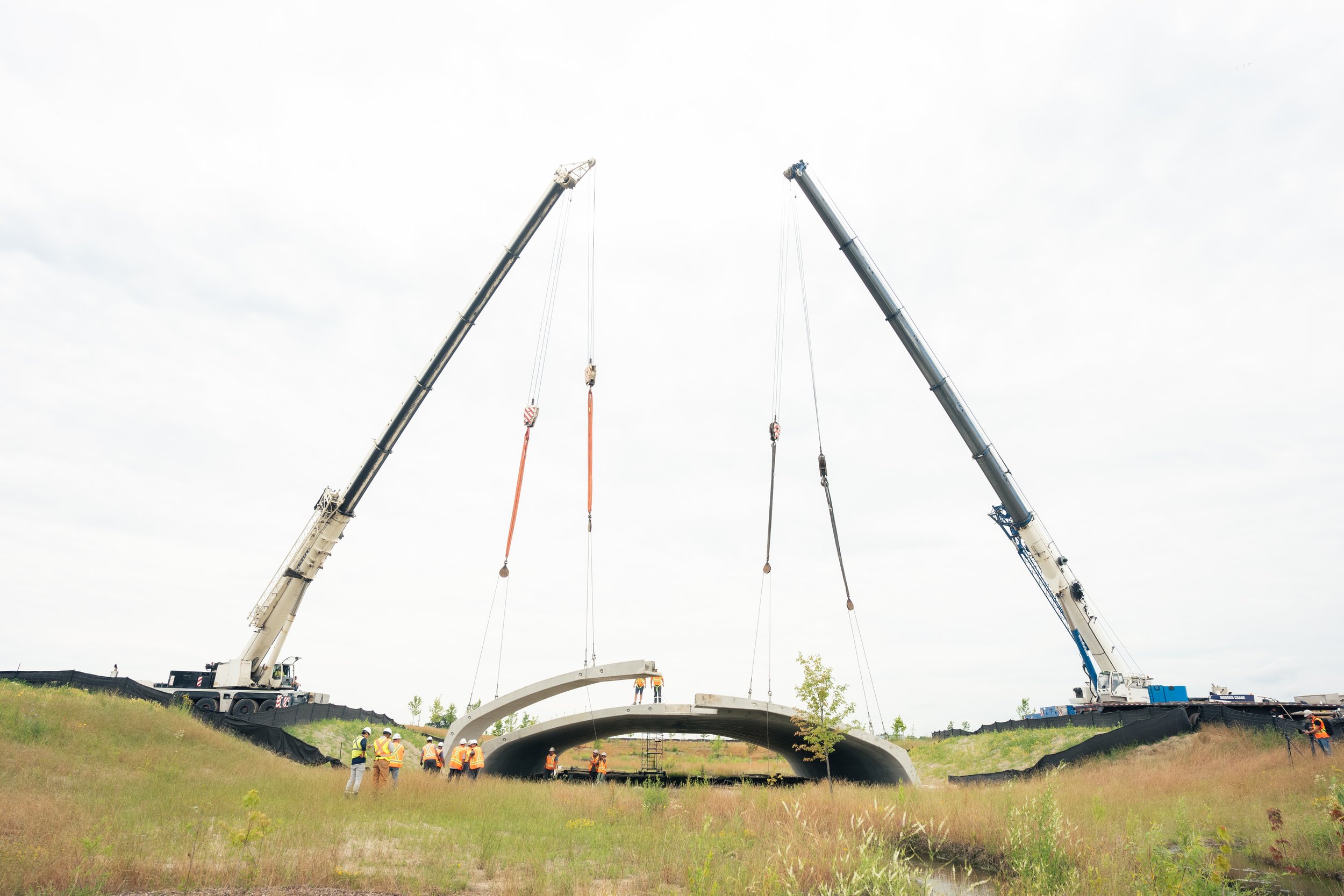 Workers using cranes to install a large concrete bridge over a grassy area.