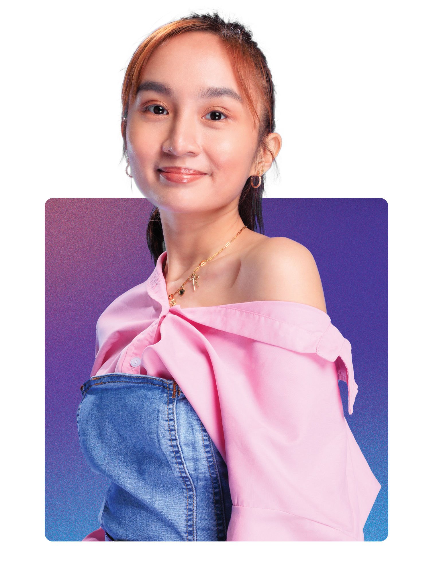 A young woman with shoulder-length hair, wearing a pink off-shoulder top and blue denim jeans, posed against a gradient background of purple and blue. She is smiling and looking at the camera.
