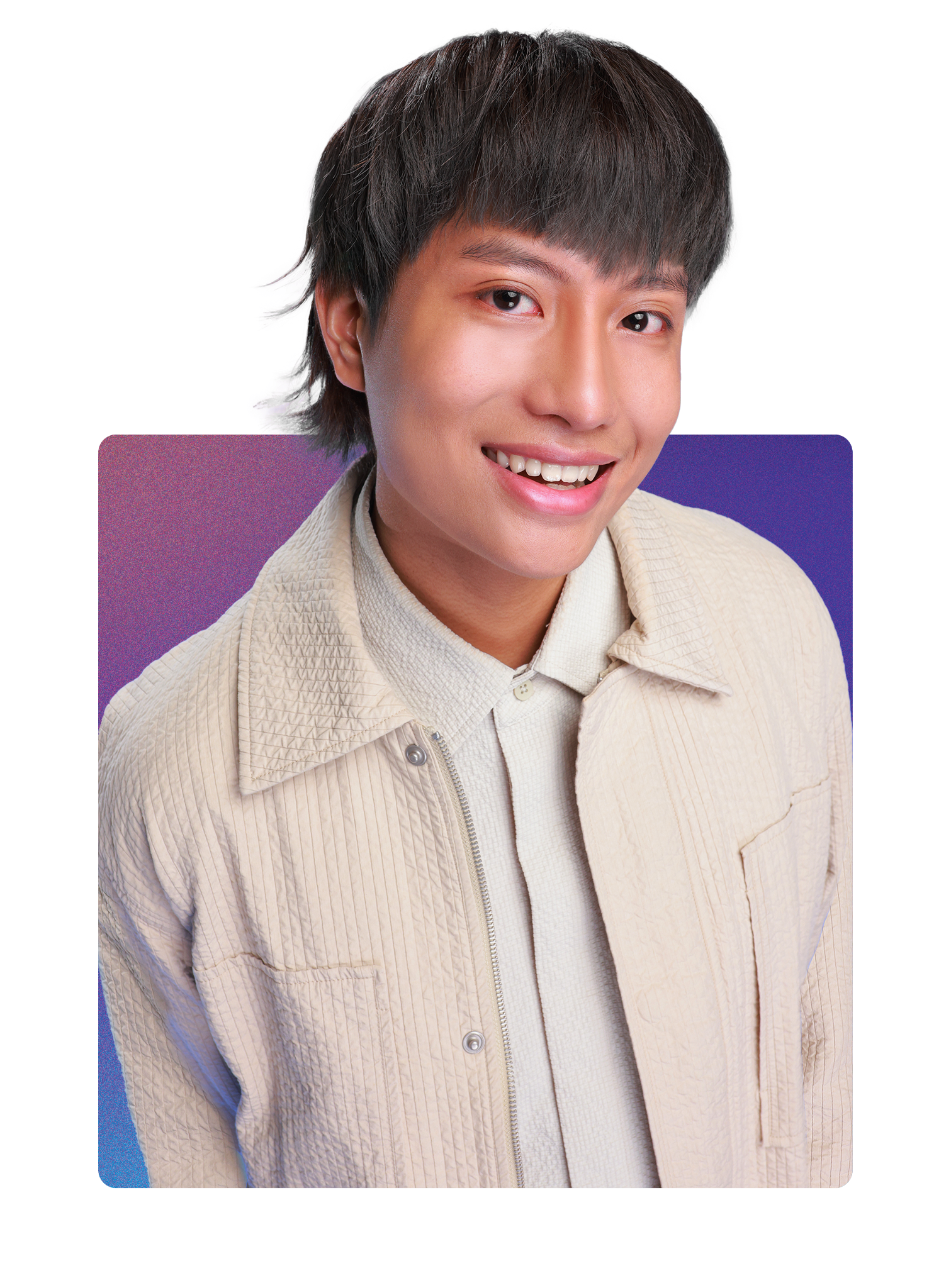 A young person with short brown hair is smiling, wearing a beige jacket over a white collared shirt, with a purple and blue background.
