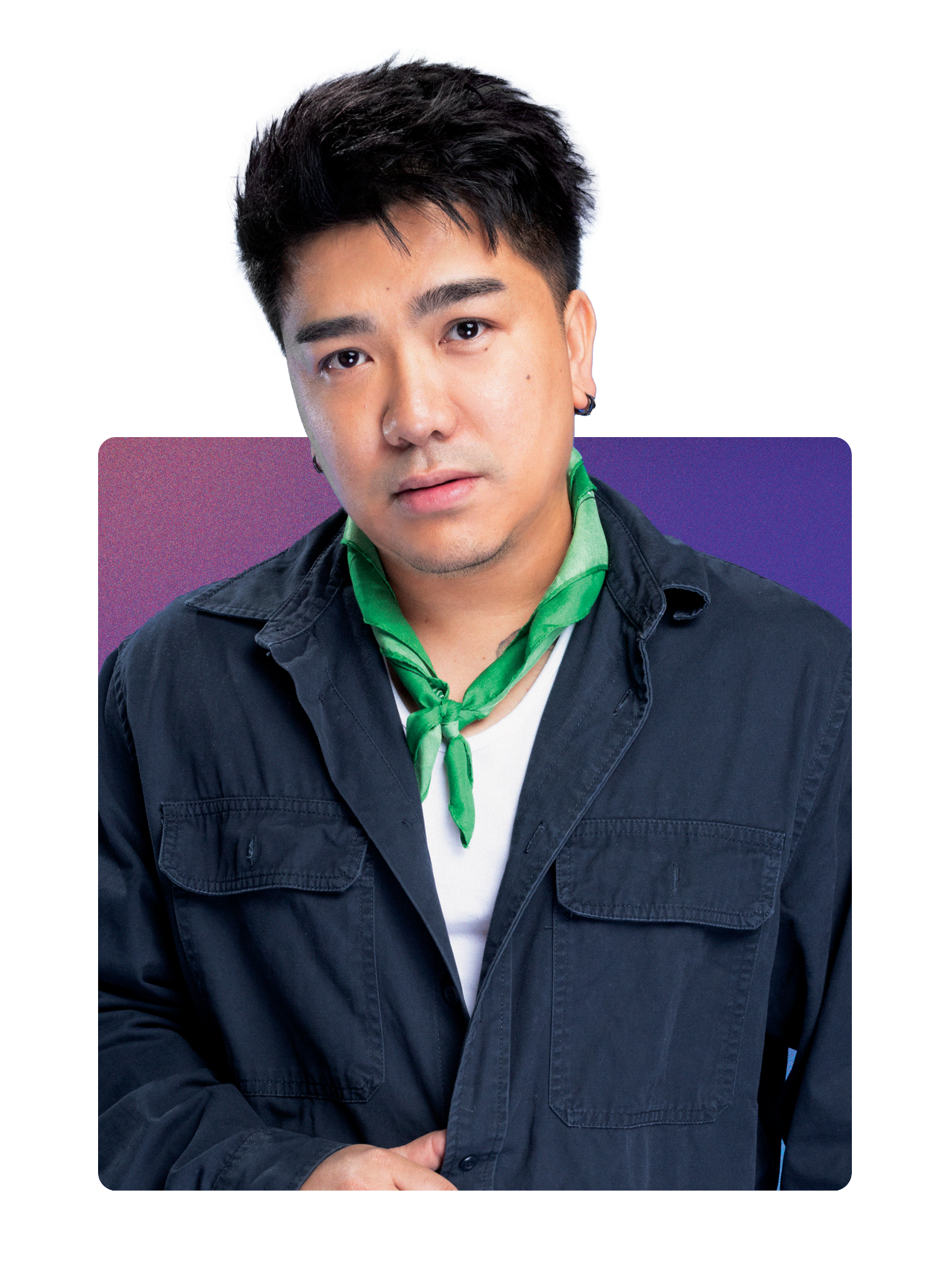 Portrait of a young man with short dark hair, wearing a black jacket, white shirt, and a green neckerchief, against a colorful gradient background.