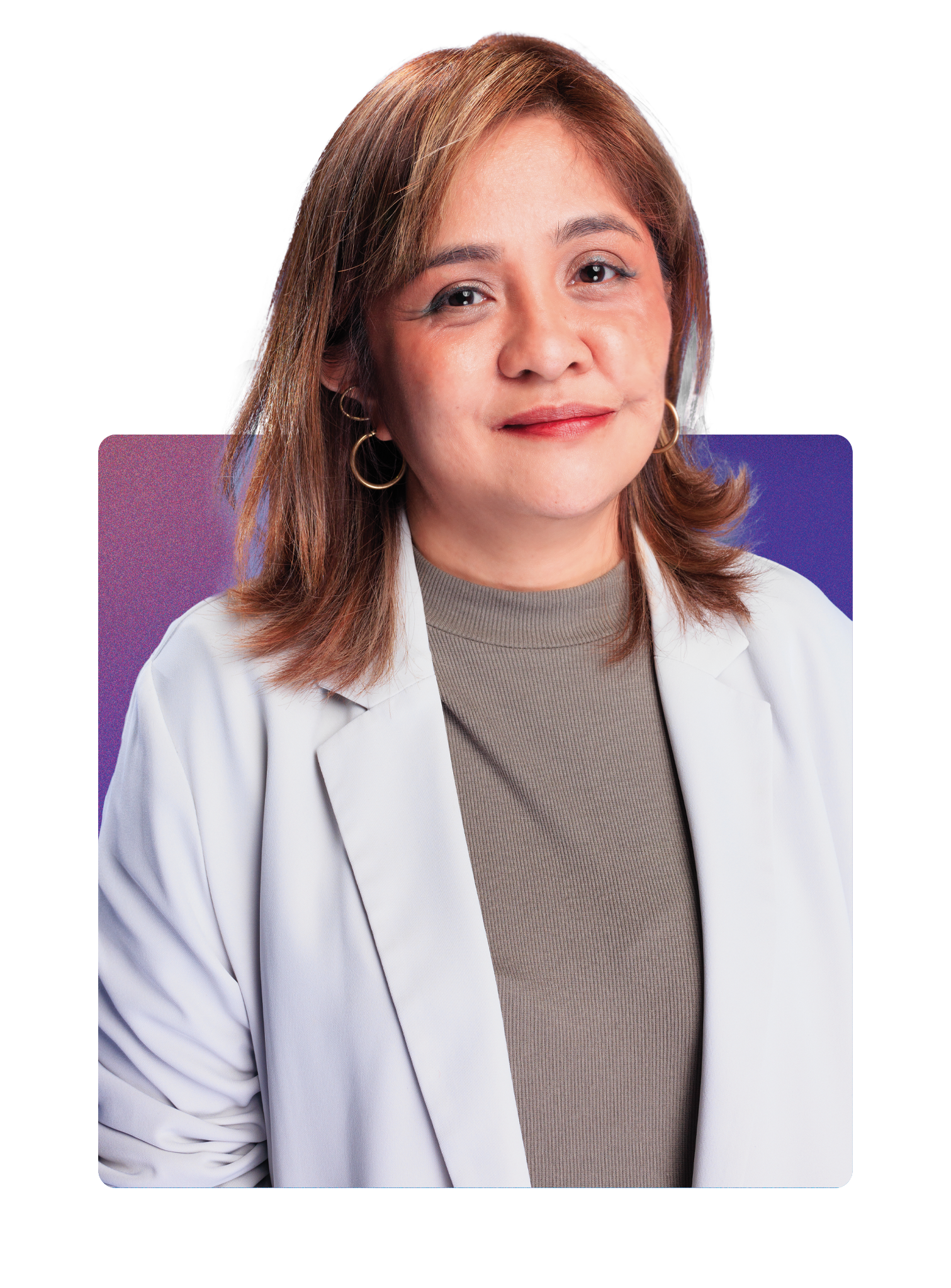 Portrait of a woman with shoulder-length brown hair, wearing a light gray shirt, white blazer, and hoop earrings, against a purple background.