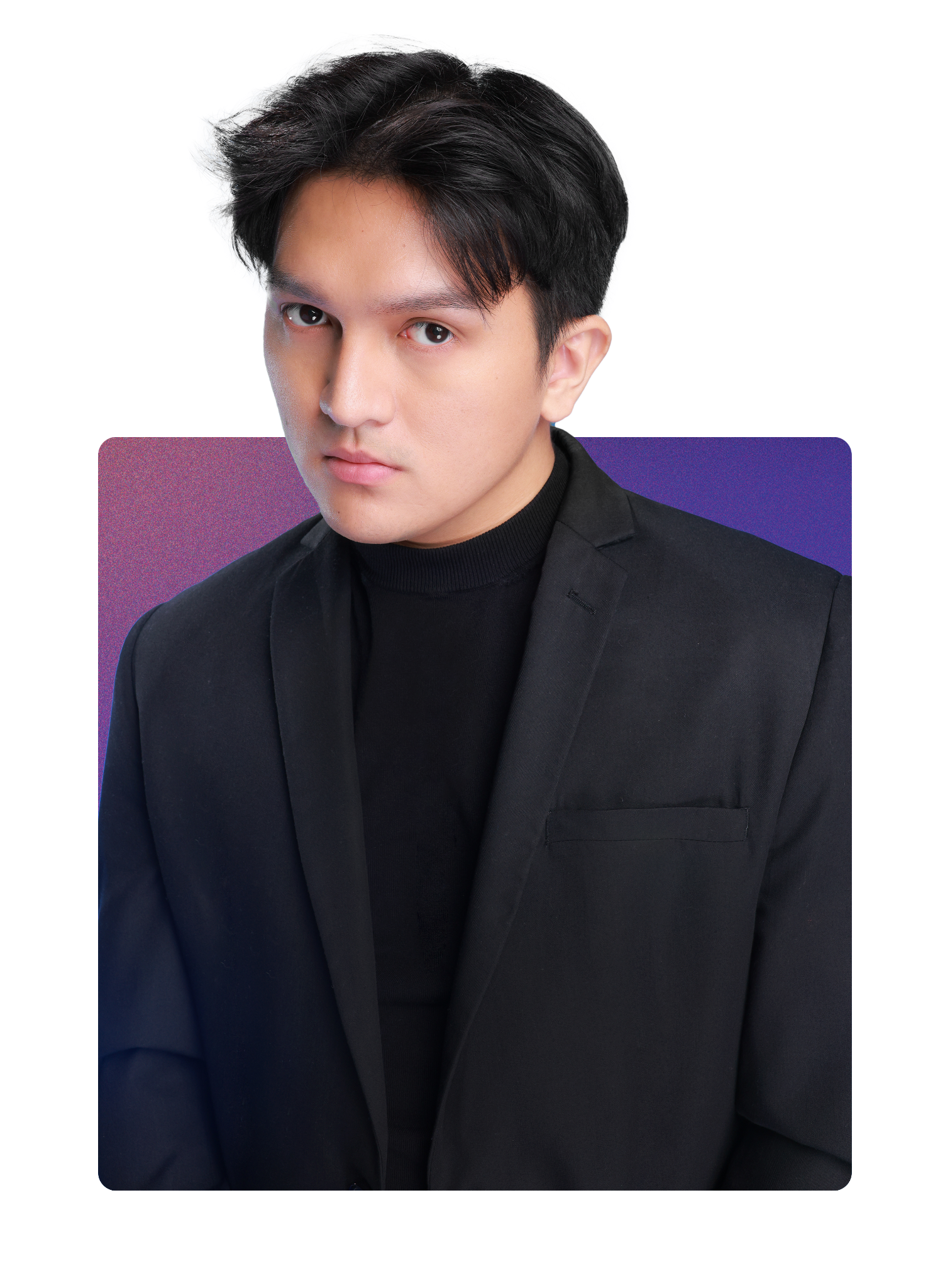 A young man with black hair wearing a black blazer and black turtleneck, looking directly at the camera against a multicolored abstract background with purple, blue, and brown shapes.