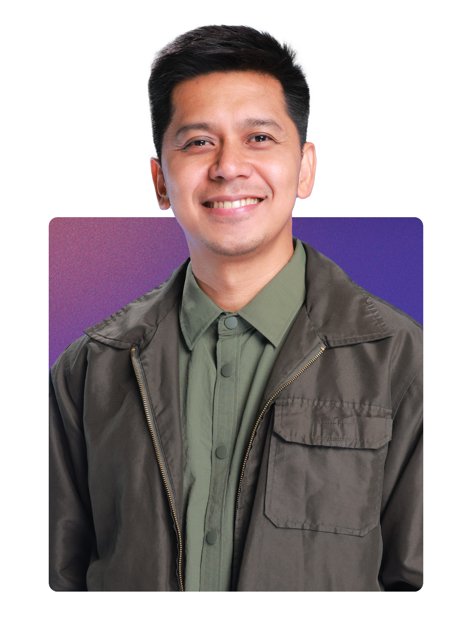 Smiling man wearing a green shirt and brown jacket, portrait with colorful abstract background.