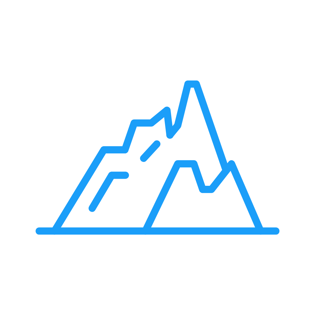 Neon blue outline of a mountain range on transparent background, symbolizing advancement. One of the pillars of Caitlin Krause's Three-A Consulting Framework: Advancement.