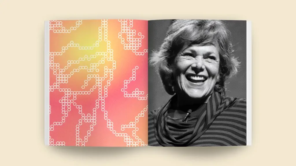 Open book with a black and white photo of an elderly woman smiling and wearing a striped shirt on the right page, and an abstract pattern with circles and lines in warm colors on the left page.